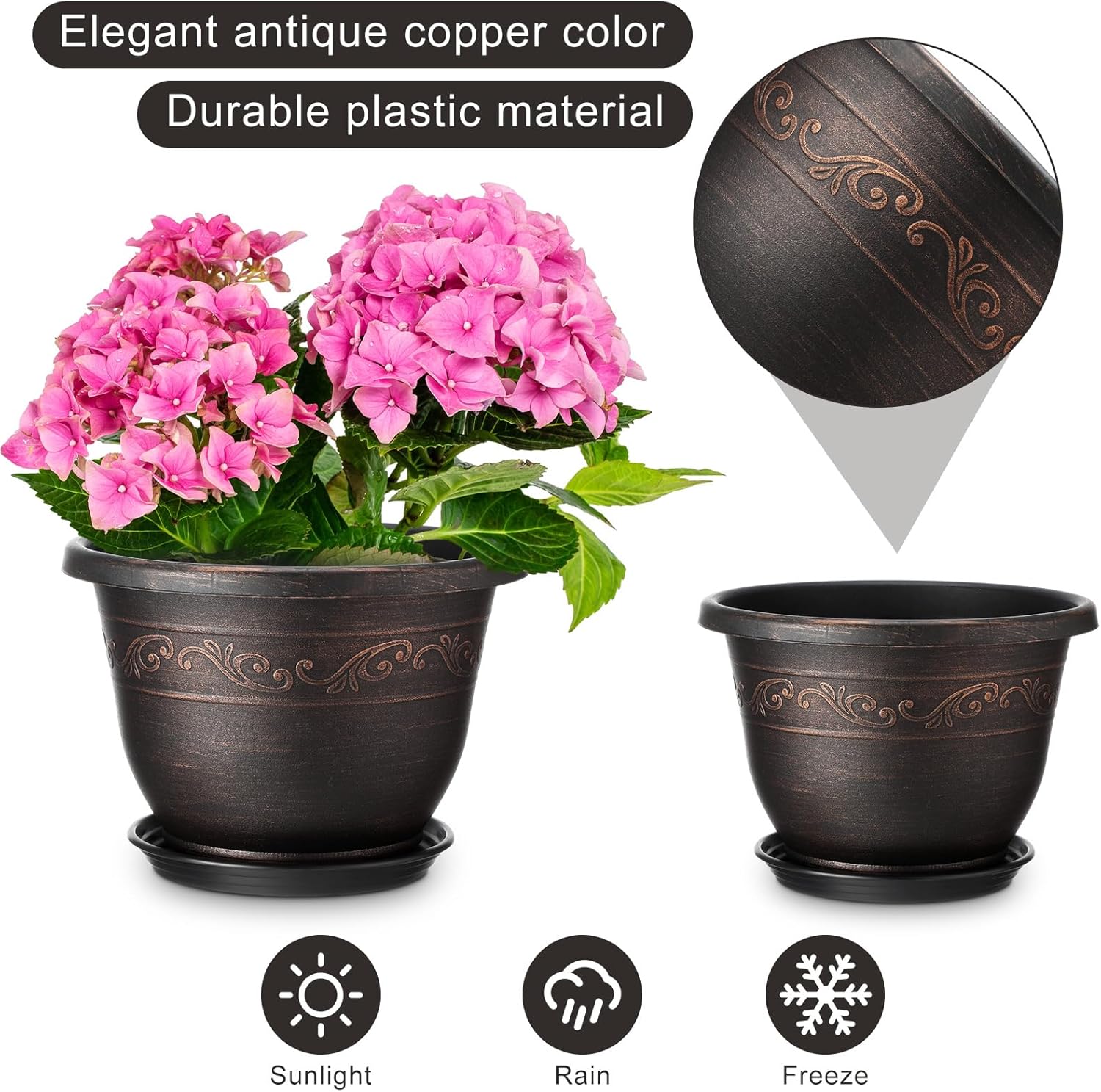 6 Pack 10 Inch Plant Pot Plastic Flower Planters for Indoor Outdoor with Drainage Hole and Trays Lightweight Retro Antique Imitation Decorative Garden Containers Sets with Saucer