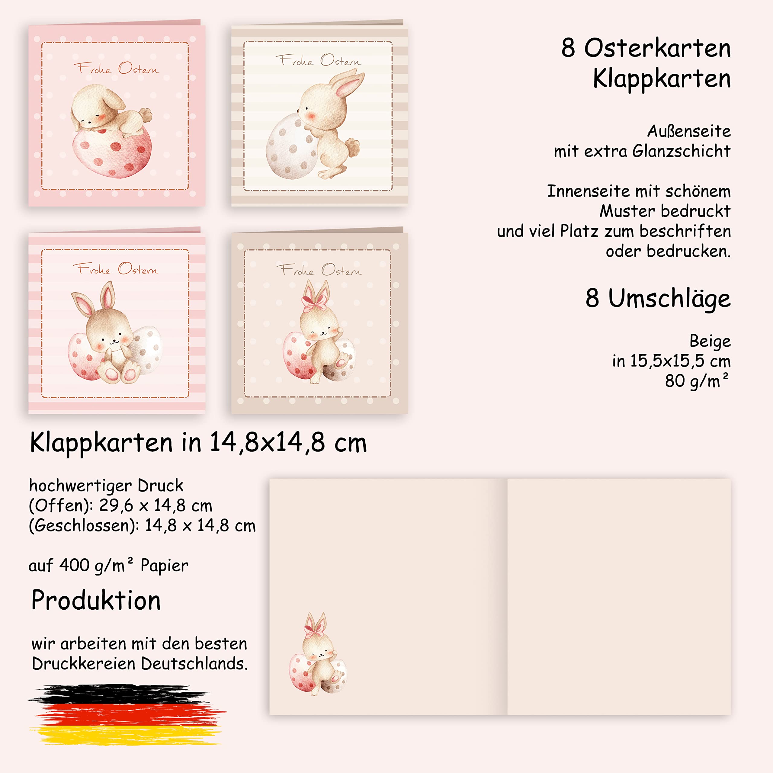 Easter Cards with Envelope Set of 8 Folding XL 15 x 15 cm Happy Easter Greeting Cards Square 15 x 15 Folding Cards Delicate Pastel Shades Rabbit Happy Easter Cards Card Set Envelope High Quality - Image 2