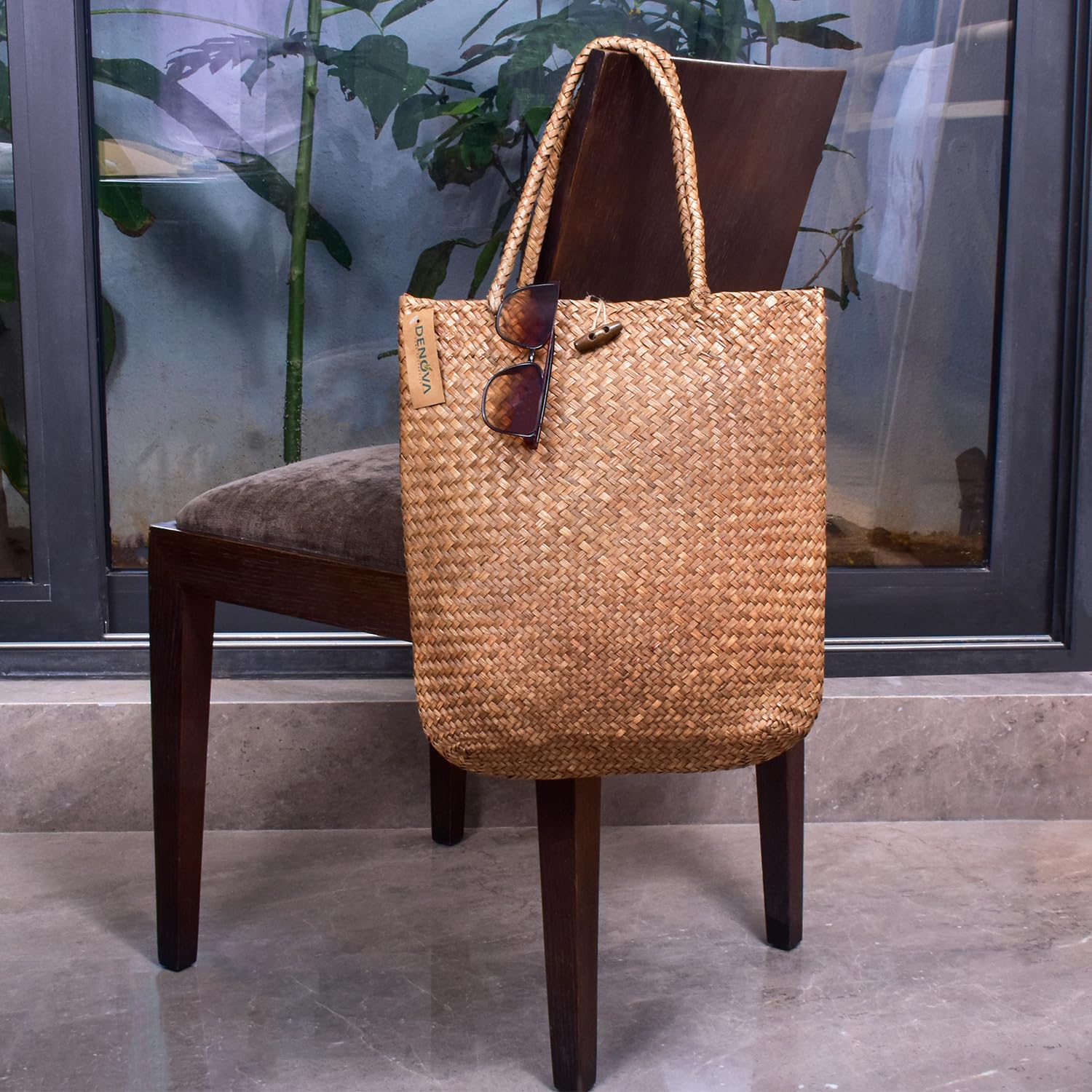 DENOVA Seagrass Shoulderbag with Handle | Beach bag, Women's Handbag, Tote Bag (Natural Brown) 1