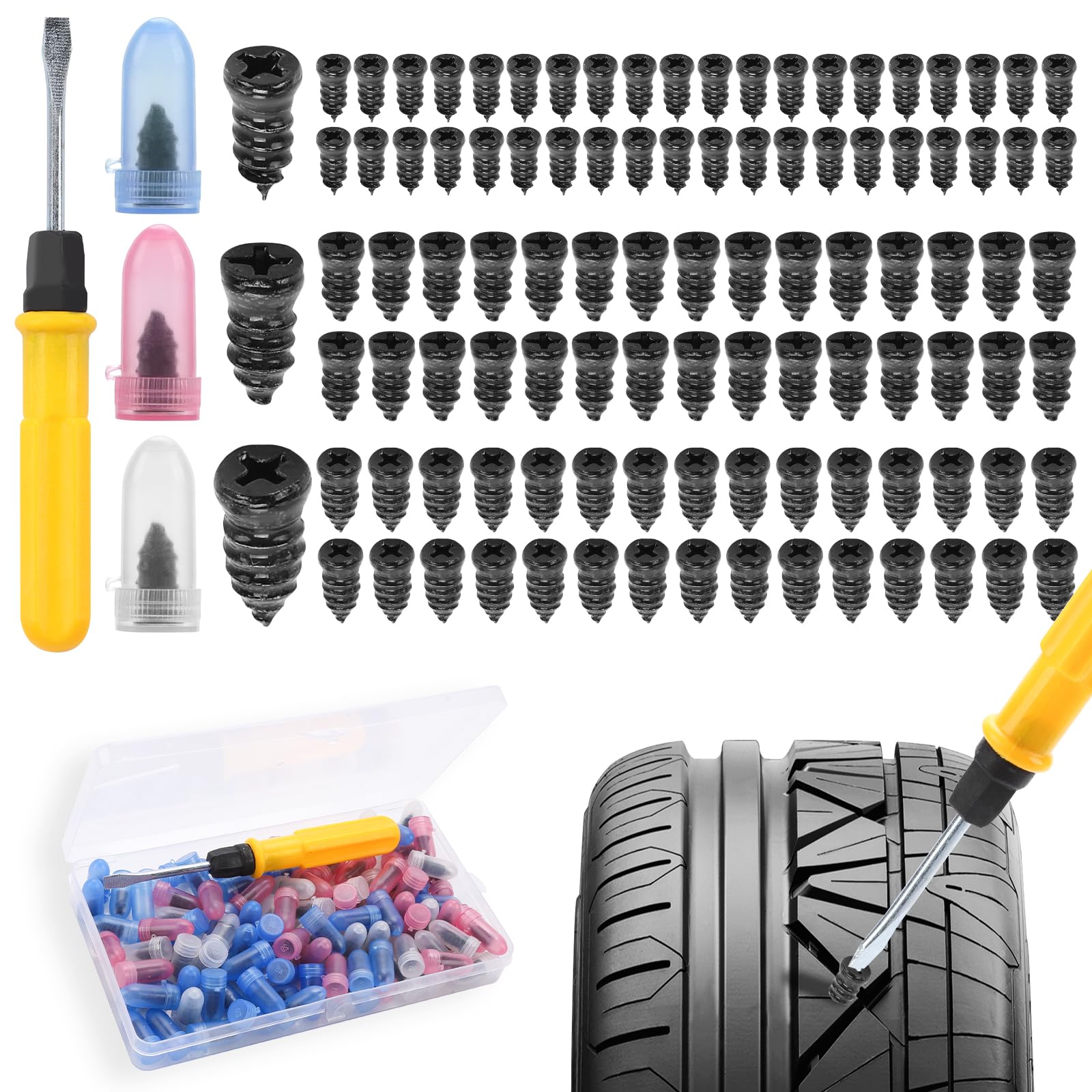 100 PCS Clavo de Goma para Neumáticos, Kit Repara Pinchazos Moto con Destornillador, Repara Pinchazos, Kit de Reparación de Neumáticos para Moto, Coche, Camión, Bicicleta