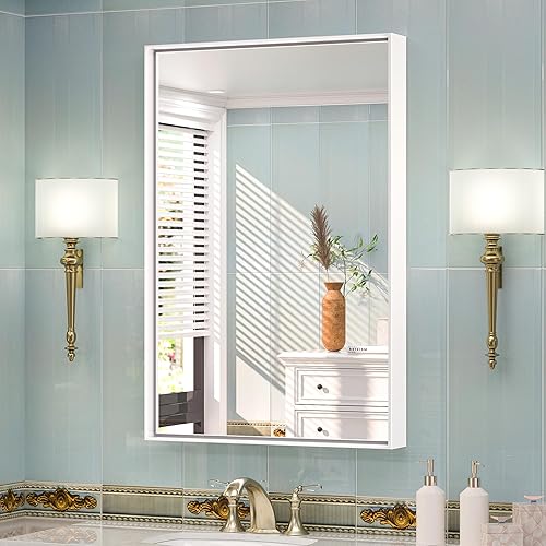 Miniatura 14 de TETOTE Espejo de baño dorado cepillado de 24 x 36 pulgadas, espejo rectangular de metal dorado con marco de tocador de baño, moderno espejo de pared