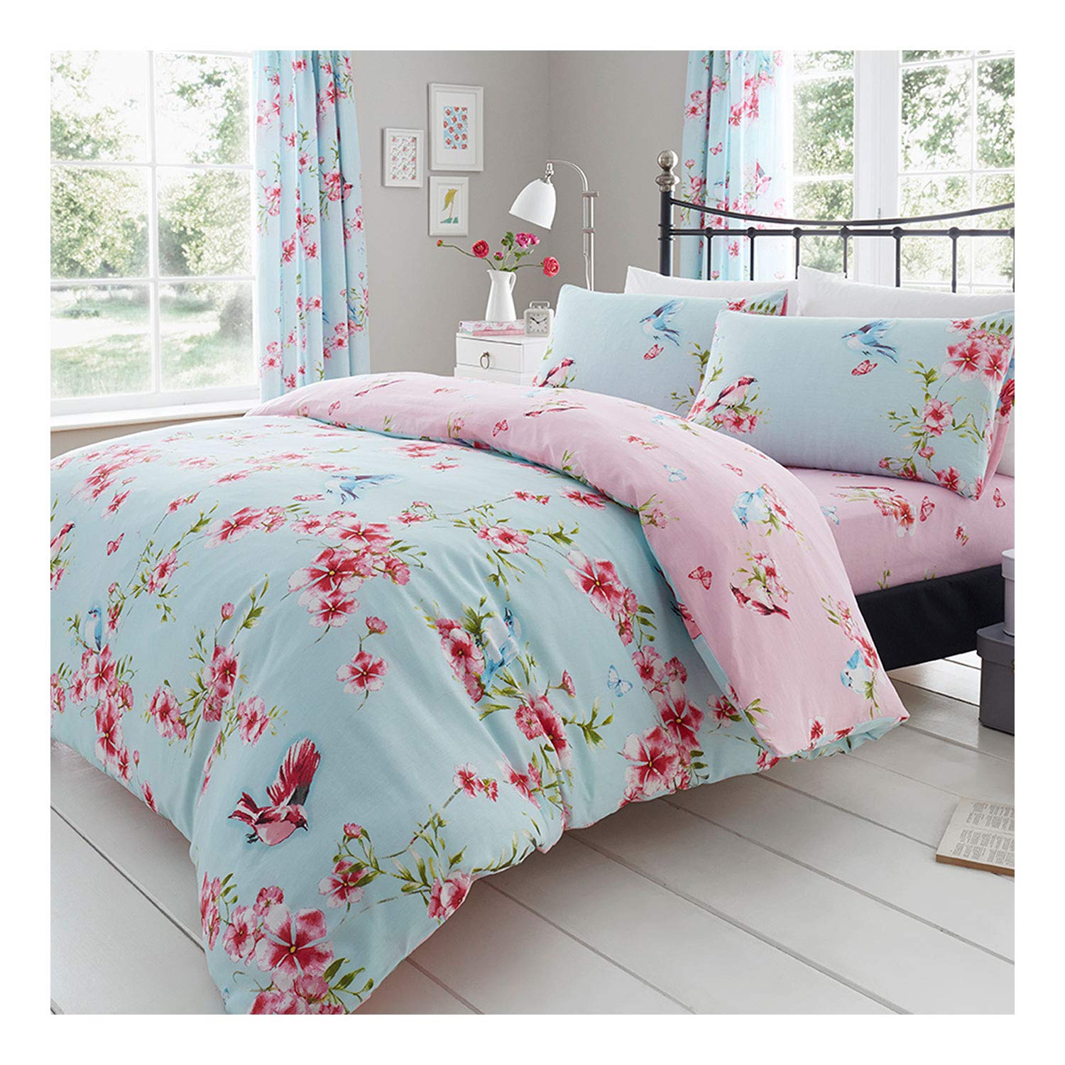 FAIRWAYUK Floral Duvet Cover Set, Reversible Bedding Double Bed Size With Pillowcase, Ultra Soft Easy Care, Blue Quilt Covers, 3 Pieces Hypoallergenic, 200x200cm
