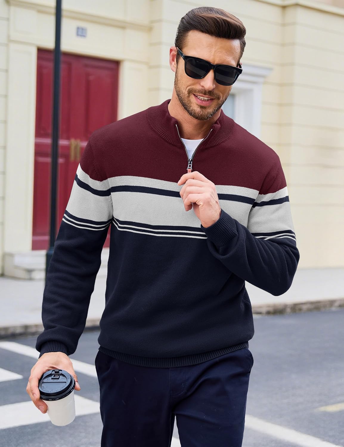 MAGCOMSEN Men's Sweaters 1/4 Zip Cotton Sweater Pullover Polo Sweaters Striped Fall Winter Warm Sweatshirts - Image 2