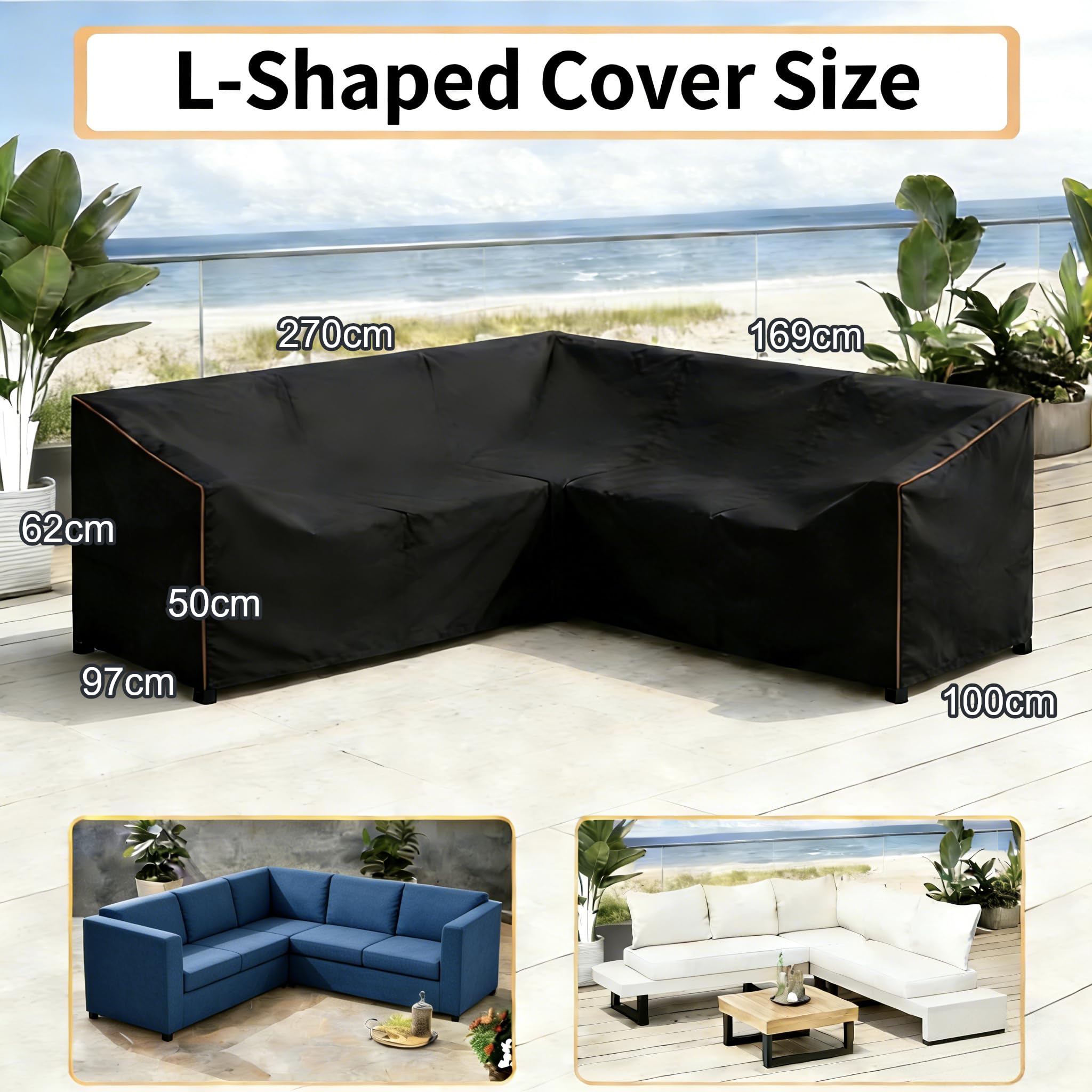 Wasserdichter Sofabezug für Terrasse, Eckfell, winddicht, mit Schnallen und Belüftungsöffnungen, schützt für Outdoor-Sofabett, 270 cm, 100 x 169 cm, 97 x 62 cm, 50 cm