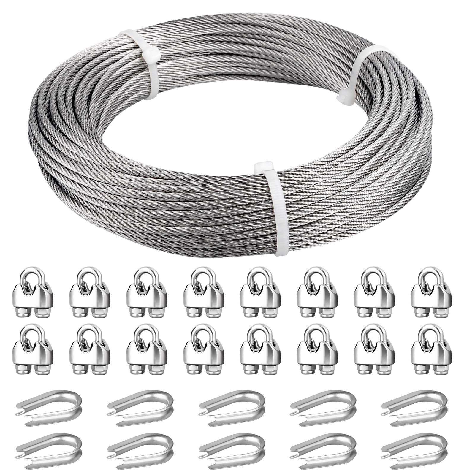 Fshihine 3/16 Wire Rope, 100ft Stainless Steel Cable with Wire Rope Clamps & Thimble, 3700lbs Breaking Strength, 7X19 Strands Aircraft Cable for