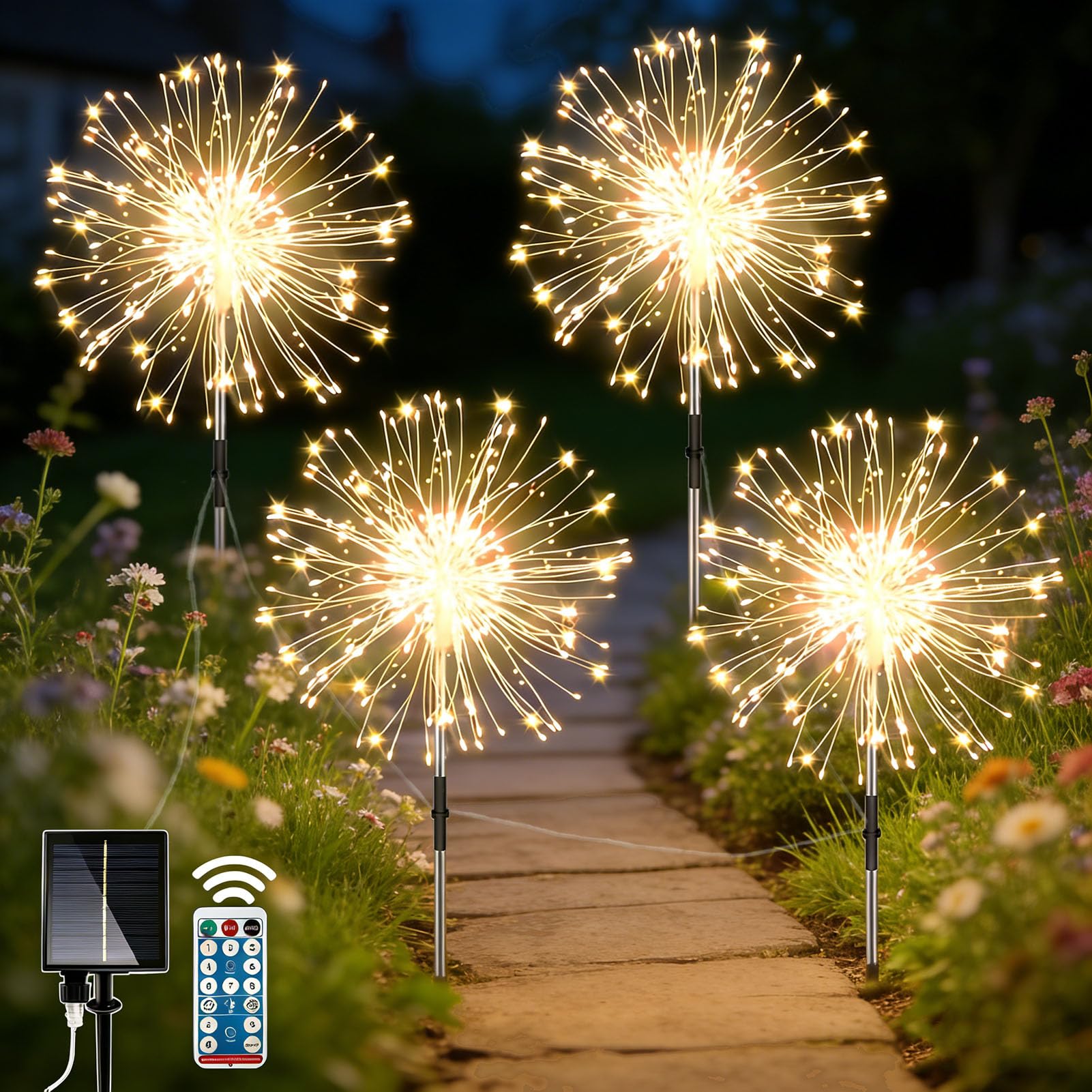 yowin 4 x 120 LED Solarlampen für Außen Garten mit Fernbedienung | Solarleuchten Gartenstecker 2 Lade Methoden, Wasserdicht Pusteblume Solar Gartenleuchten für Balkon Terrassen Deko