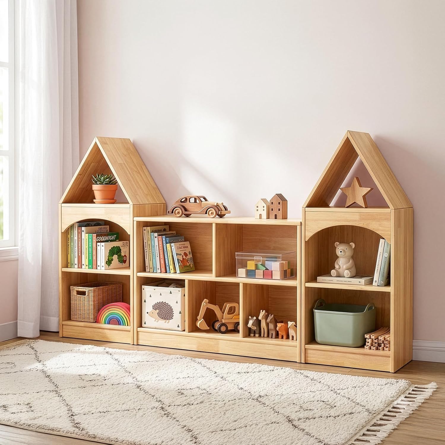 OOOK Rubber Wood 5-Compartment Montessori Shelf, 35.4" L Toddler Bookshelf, 2-Tier Wooden Storage Cabinet, Kids Classroom Organizer, Playroom, Daycare and Preschool Storage Shelves