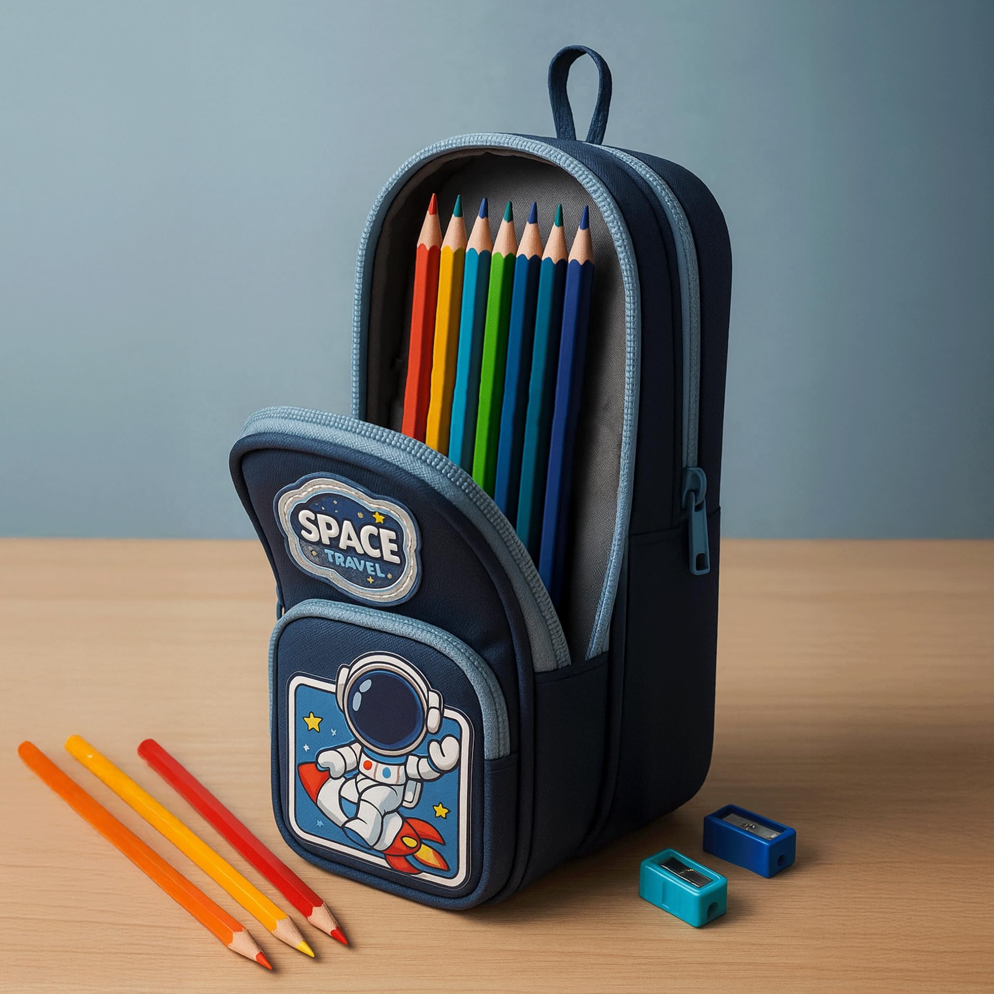 Famyo® Blue Space Pencil Case for Kids | Aesthetic School Pencil Box for Boys & Girls | Stationery Pouch with 3 Zipper Compartments | Cute Pencil Pouch for Kids 2