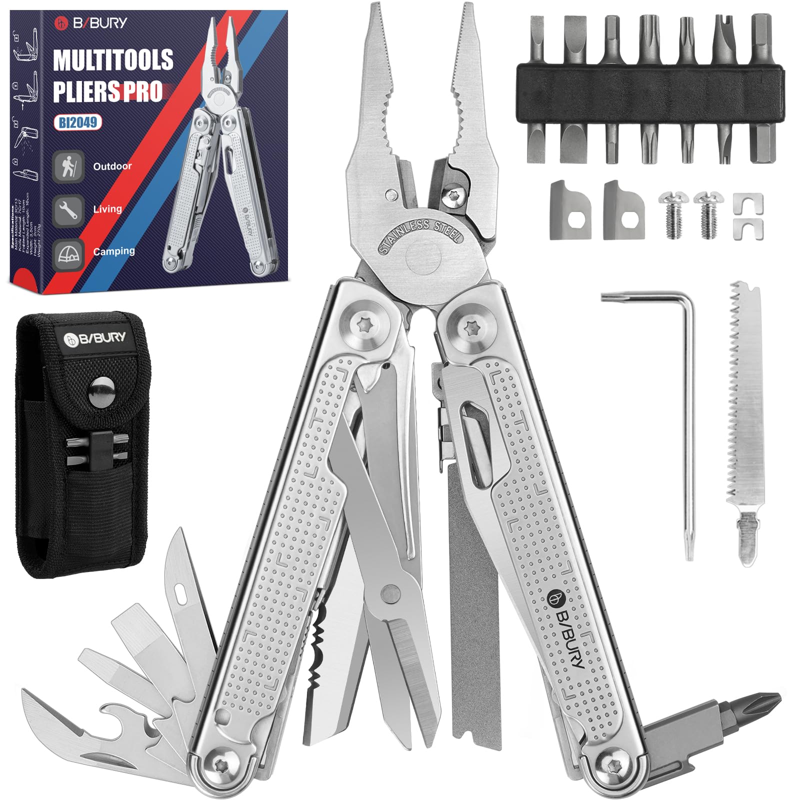 Multitools, Multi Tool Foldable Pliers with Upgraded Saw, Large Scissors and Screwdriver Set, Stainless Steel Multitools Ideal for Camping, DIY, Repairing, Gift for Dad Men Christmas - Pro