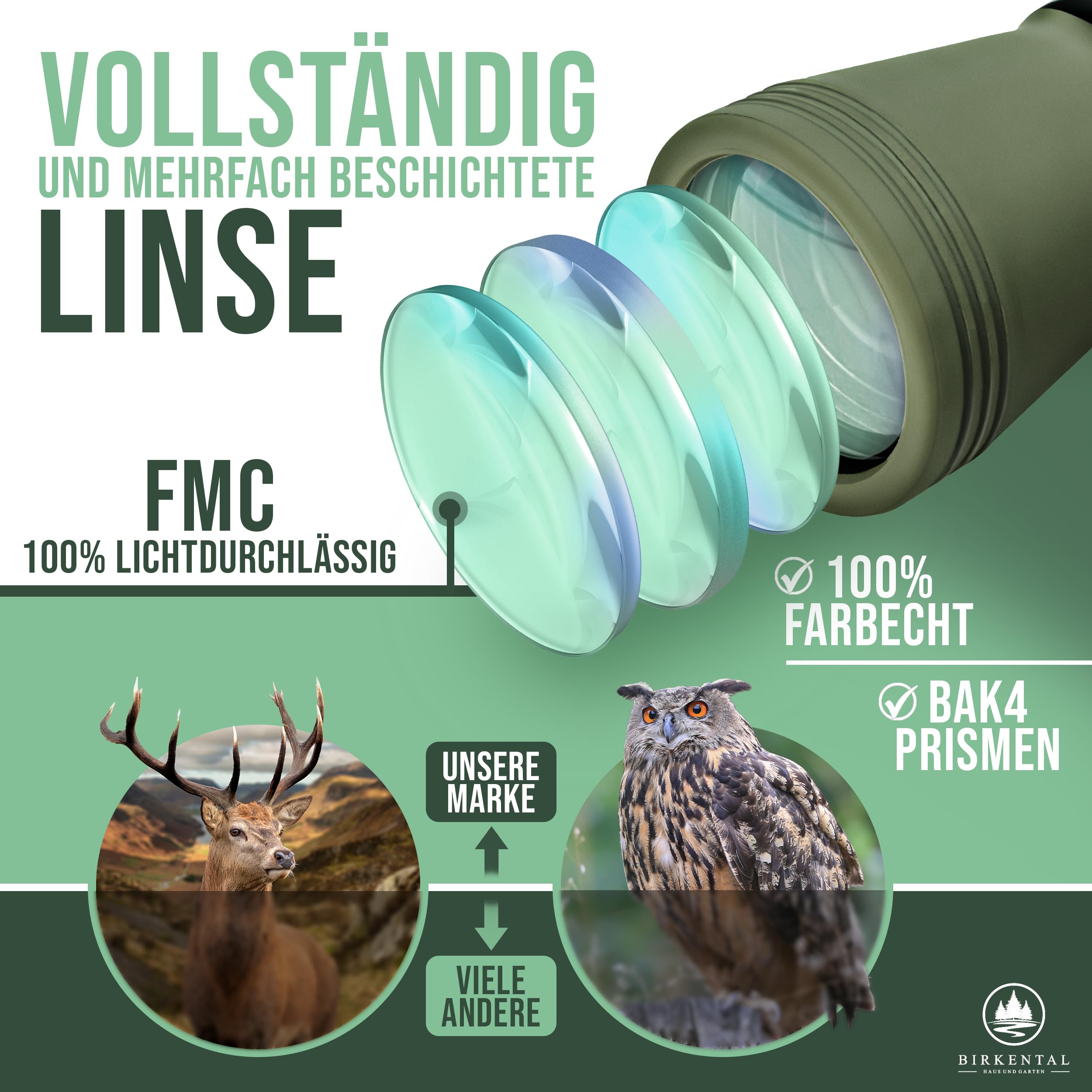 Birkental Verrekijker 10x50 met dioptrieverstelling - HD veldsteker, BAK4 Prisma & FMC-lens - geschikt voor brildragers - groot gezichtsveld en heldere afbeelding voor volwassenen (groen