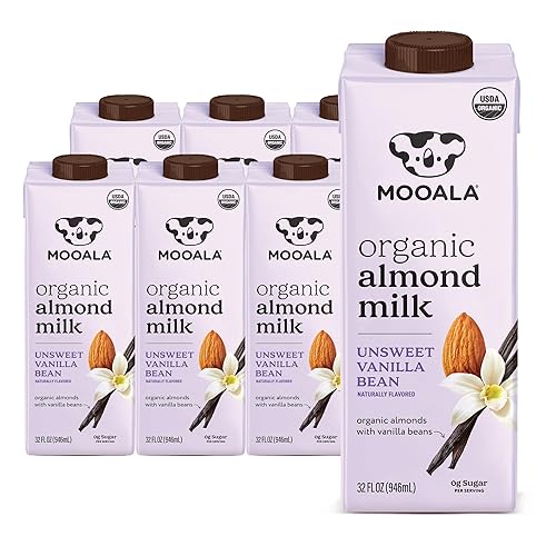 Mooala  Leche de almendras orgánica en grano de vainilla, sin azúcar, 1 litro (paquete de 6)  Bebida estable en estantes, no lácteos, sin gluten,