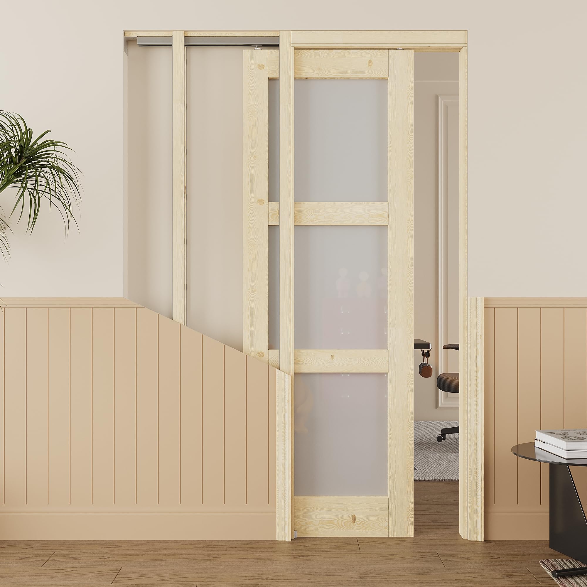 28x80 Sliding Pocket Door,3 Lite Pine Frosted Glass Doors,Hidden Doors