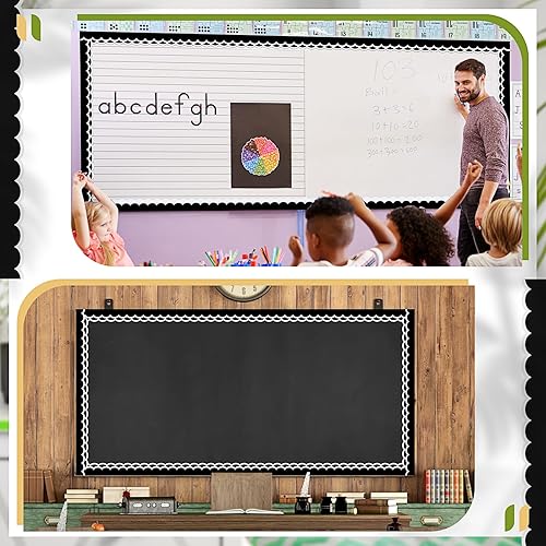 Miniatura 5 de Leinuosen Bordes de 50.5 pies para tablón de anuncios, 44 piezas, bordes festoneados de línea ondulada en blanco y negro con 20 hojas de puntos de