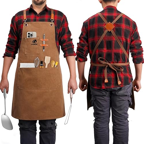 Delantal de chef para hombre, lona de algodón gruesa con bolsillos más grandes, delantal de trabajo para hombres y mujeres, espalda cruzada,