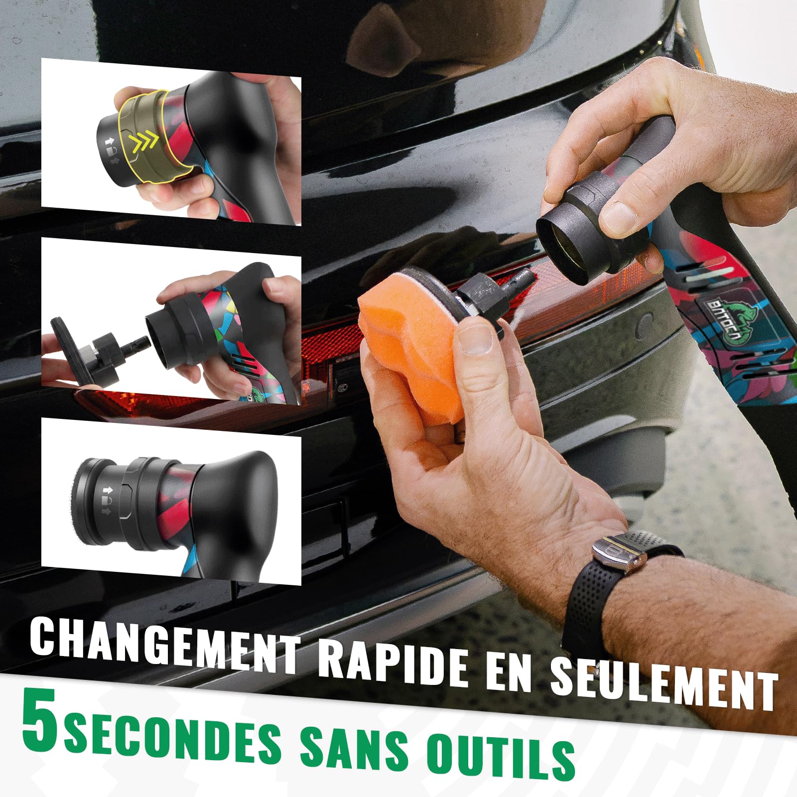 BATOCA S5 Mini Polisseuse Voiture Sans Fil Polisseuse Orbitale et Rotative | Pour Voiture Kit Polissage Voiture Kit de Disques de Polissage 25/50/75mm lot de 2 Batteries 12V 6 Vitesses 2000 à 5500tr/min