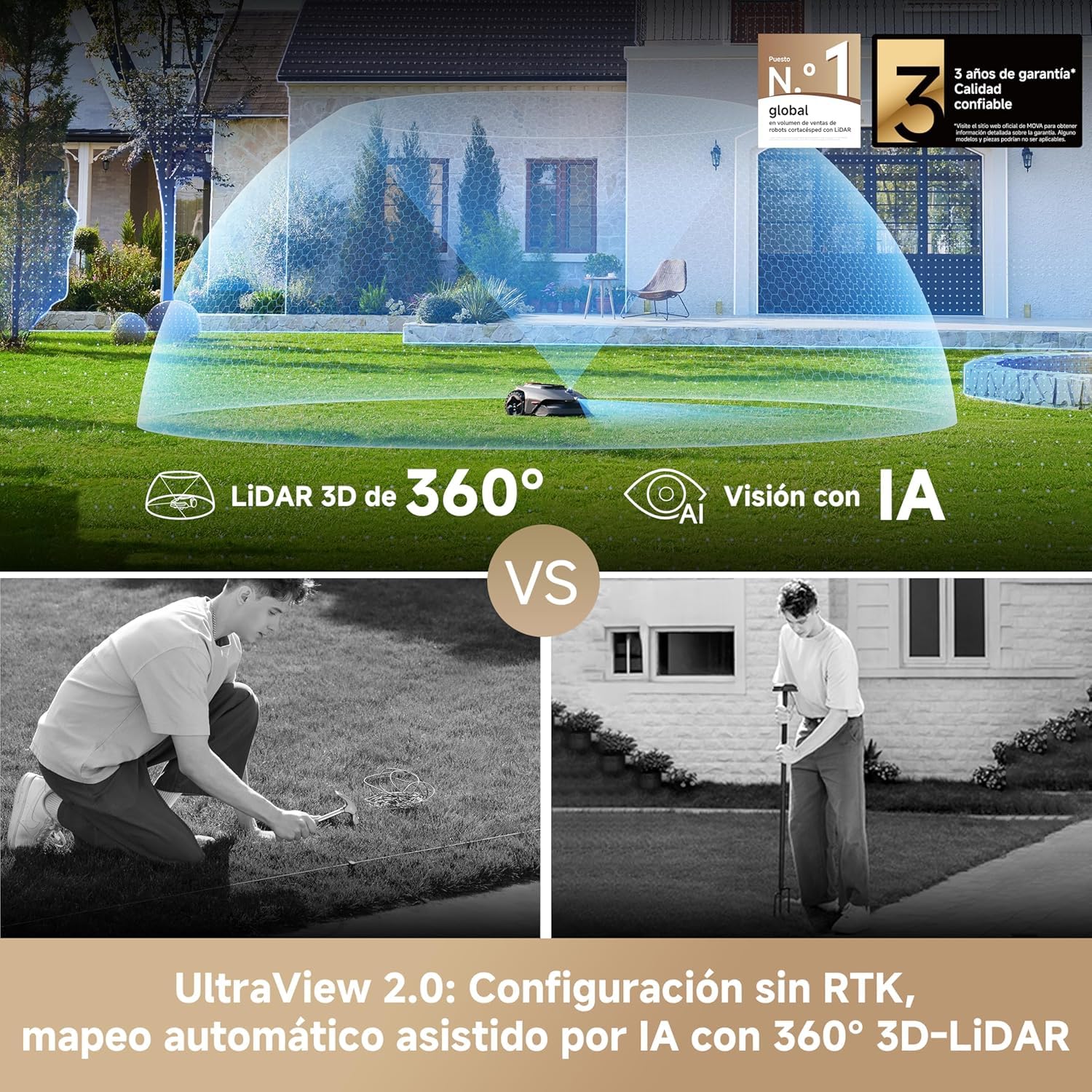 MOVA LiDAX Ultra 800 y Garage Bundle: robot cortacésped sin cable delimitador, sin RTK y creación automática de mapas mediante LiDAR 3D con visión 360° e IA, corte de bordes de 5 cm
