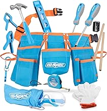 Hi-Spec 16pc Blue Kids Tool Kit Set & Child Size Tool Belt. Real Set for DIY Building, Woodwork & Construction Learning for Kids