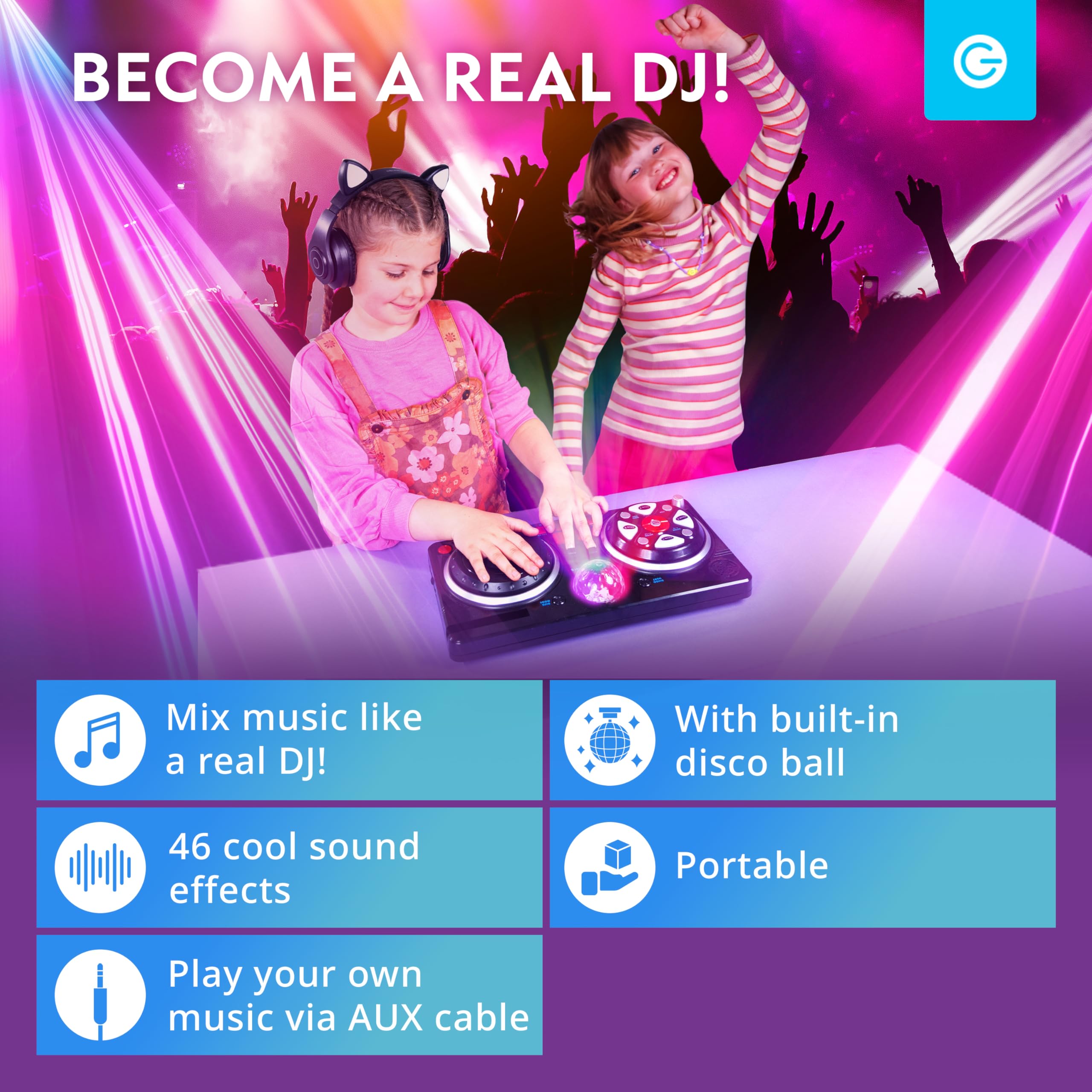 Silvergear® Mesa de Mezclas DJ para Niños | Mesa DJ Principiante con Bola de Discoteca | 46 Efectos de Sonido | Portátil y a Pilas | 39.3 x20.5x6.4 cm | Negro