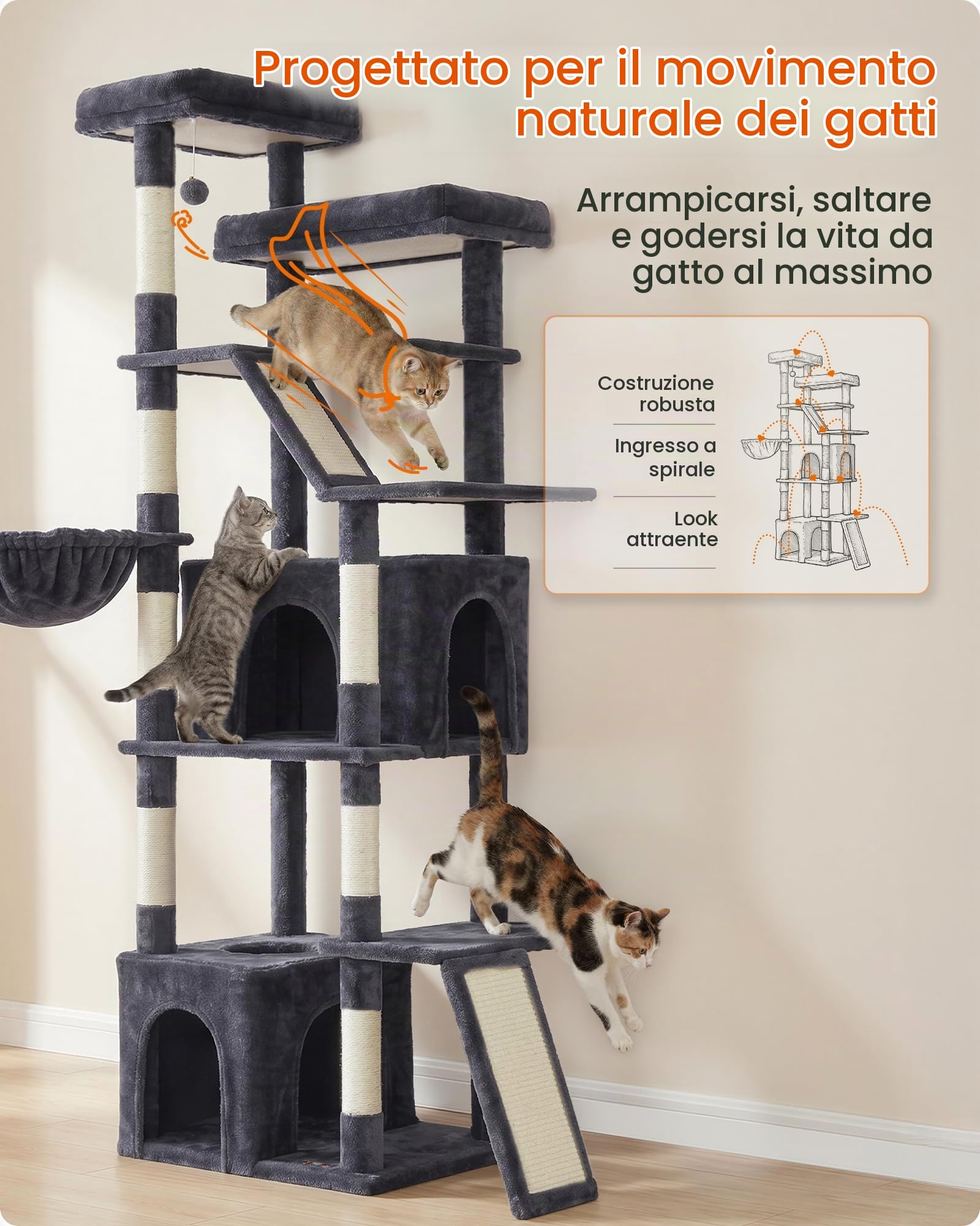 Feandrea Albero per Gatti XL, Tiragraffi per Più Gatti, 55 x 45 x 184,5 cm | 2 Graffiatoi e 7 Tronchi in Sisal, 7 Aree di Riposo, Grigio Scuro, COLLEZIONE CLAWFY PCT014G201