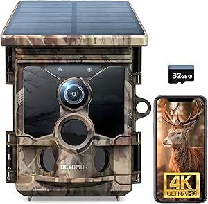 CEYOMUR 4K 30fps Solar Trail Camera, 46MP WiFi Trail Cam with Night Vision 0.1s Trigger Motion Activated with 32GB Memory Card, Game Camera with 120° Detection IP66 Waterproof for Wildlife Scouting asin的图片