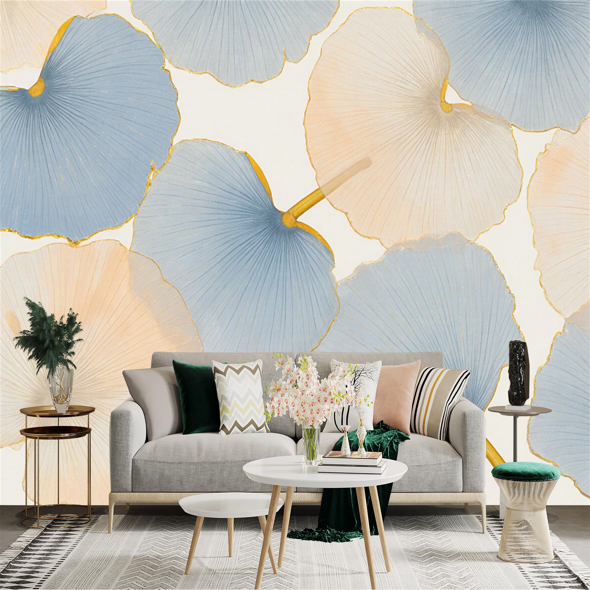 Custom Size Wall Sticker Mural， Elegant Blue and Beige Ginkgo Leaves， Abstract Botanical Art， Modern Minimalist Style， for wall Decoration， peelandstick wall Decals.