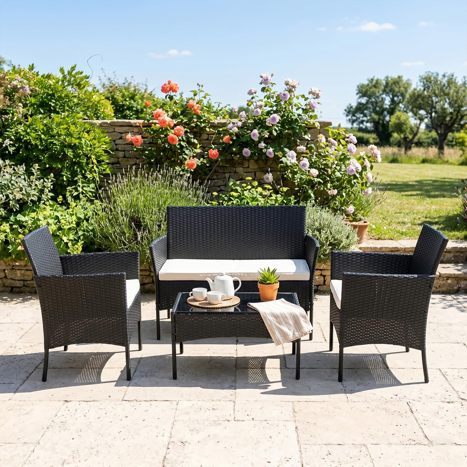 FDW 4-Piece Patio Furniture Set | Black | Outdoor Wicker Furniture — product photo