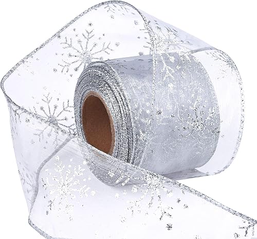 Livder Cinta de Navidad de 2.5 pulgadas de ancho con alambre de copo de nieve, organza transparente con purpurina para árbol de Navidad, corona,