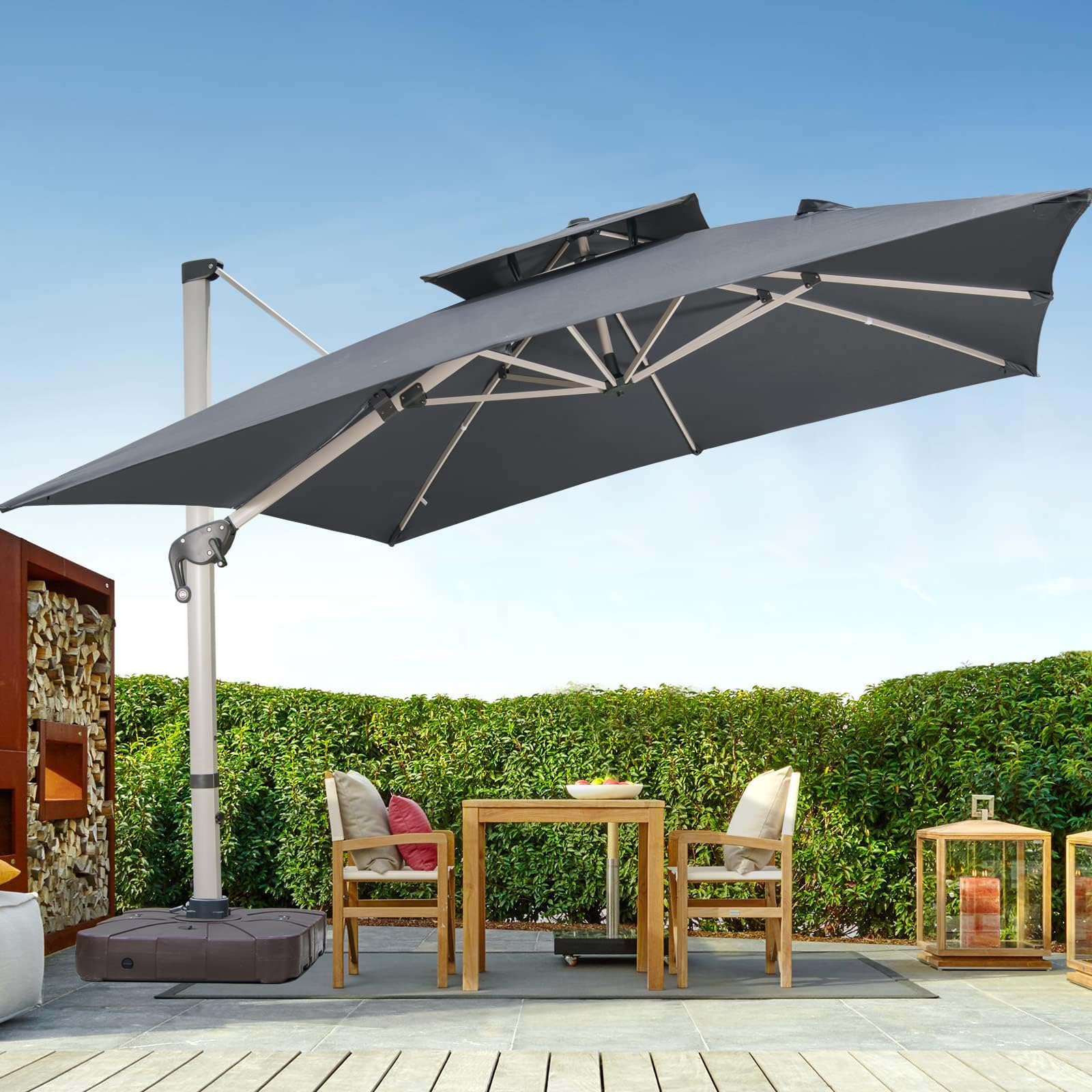 10x10 FT Square Cantilever Patio Umbrella with Cross Base and Cover Included - 360° Rotation Large Heavy Duty Offset Outdoor Umbrella with Easy Tilt for Pool Backyard Deck Garden, Grey