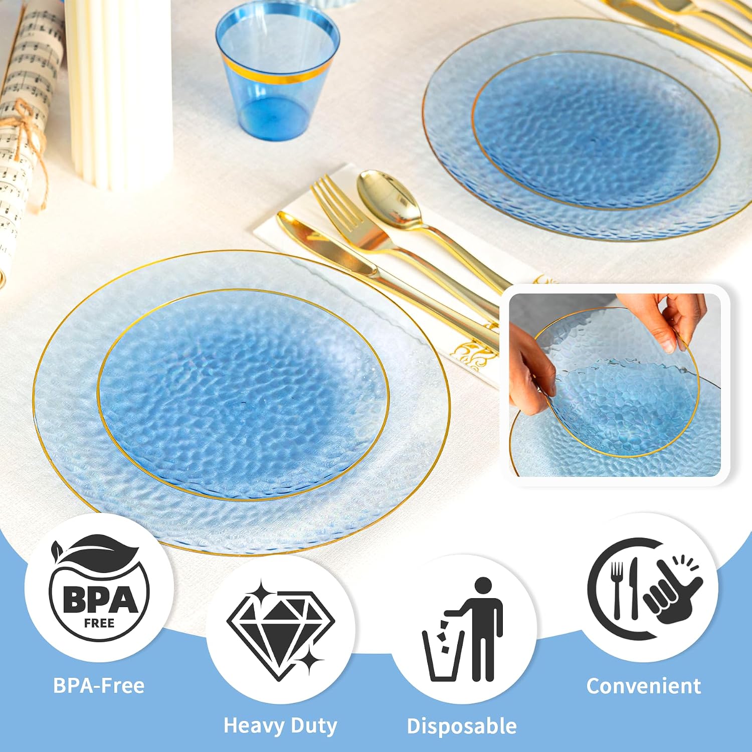 350PCS Blue Plastic Dinnerware Set, Blue and Gold Plastic Plates image 4