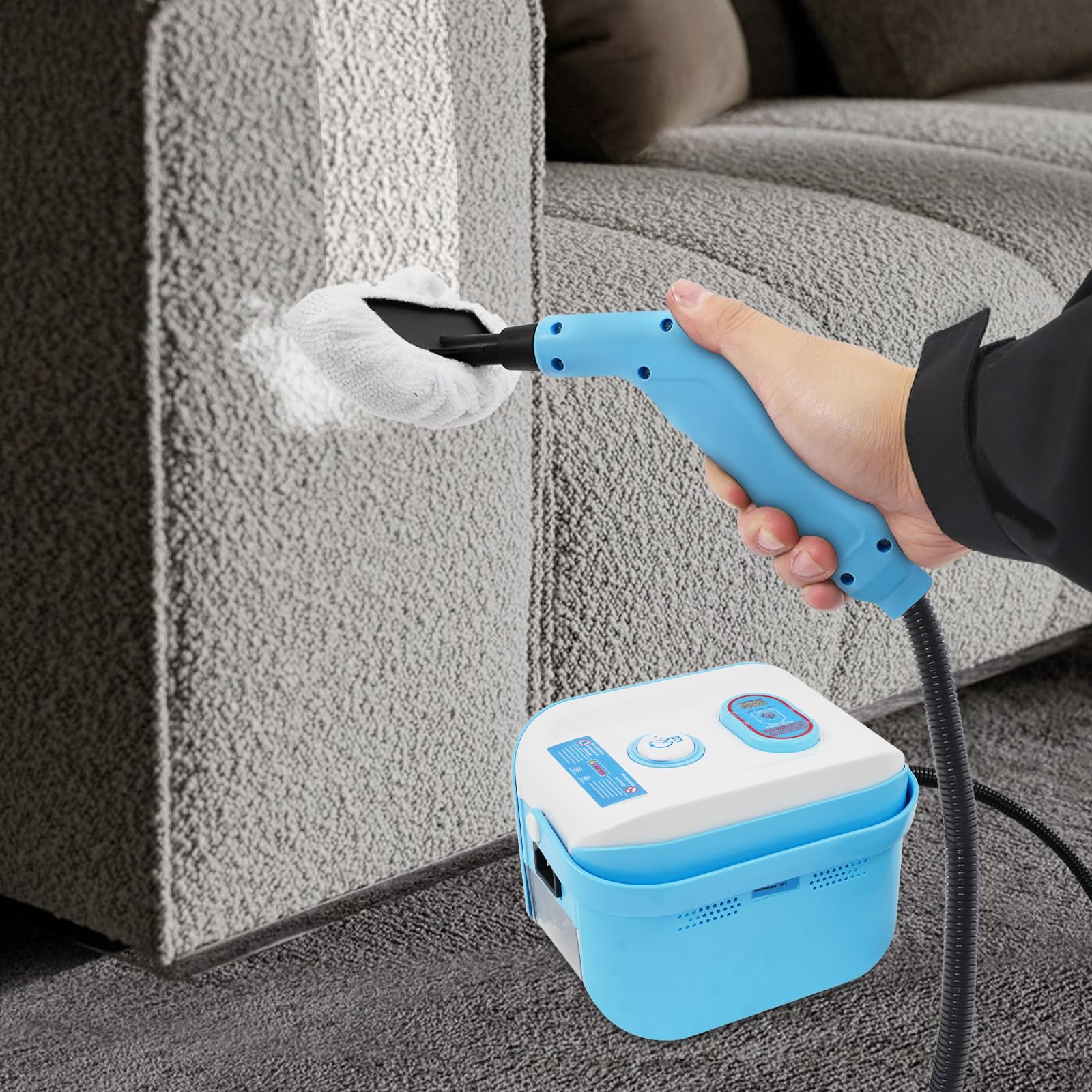 Myjka parowa 1500 W, ręczna myjka parowa z ciśnieniem 4,5 bar i 6 końcówkami, ogrzewanie 13 sekund, wąż 2 m, zbiornik 1,2 l, do gospodarstwa domowego, kuchni, łazienki, tapicerki, płytek (błękitna)