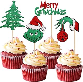 Xsstarmi 24 Pack Merry Christmas Cupcake Toppers Red Green Glitter Christmas Tree Cupcake Picks es Christmas Cake Decorations for Merry Christmas Holiday Theme Birthday Party