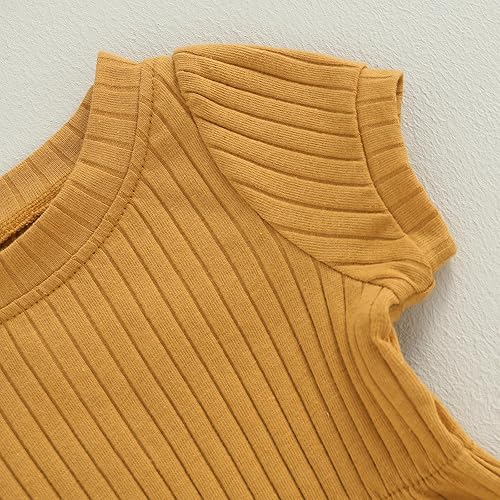 Miniatura 4 de Traje de verano para bebé niña, manga abombada, color liso, acanalado, cintura alta, casual, de una pieza, conjunto de mameluco con diadema