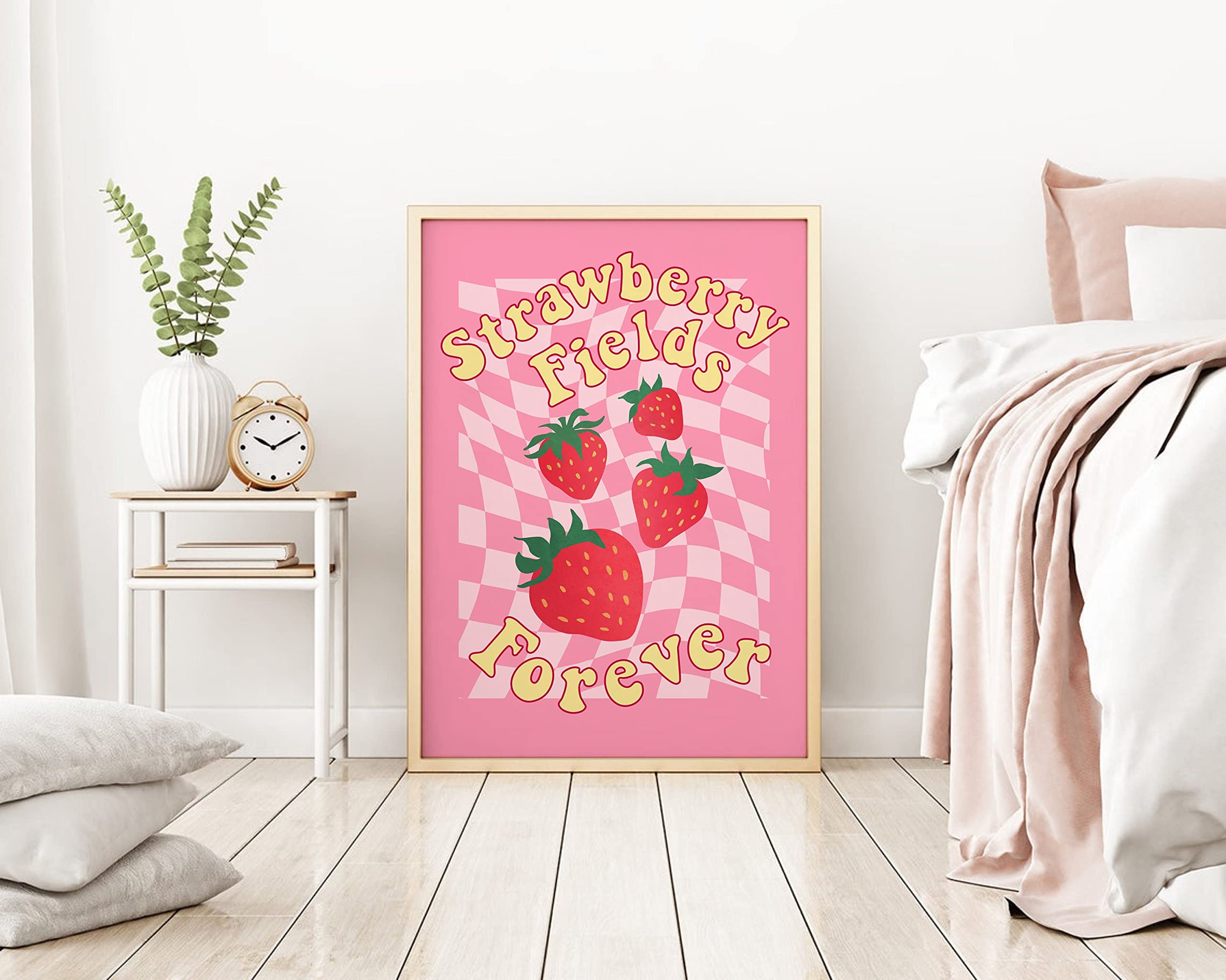 Preeklen Tin Sign 224 Strawberry Fields Forever Print Retro The Print Pink Checkerboard Print 60S Poster Bathroom Wall Art For Bedroom Kitchen Living Room Unframed Canvas Paintings For Home Decor 8X12 Inch