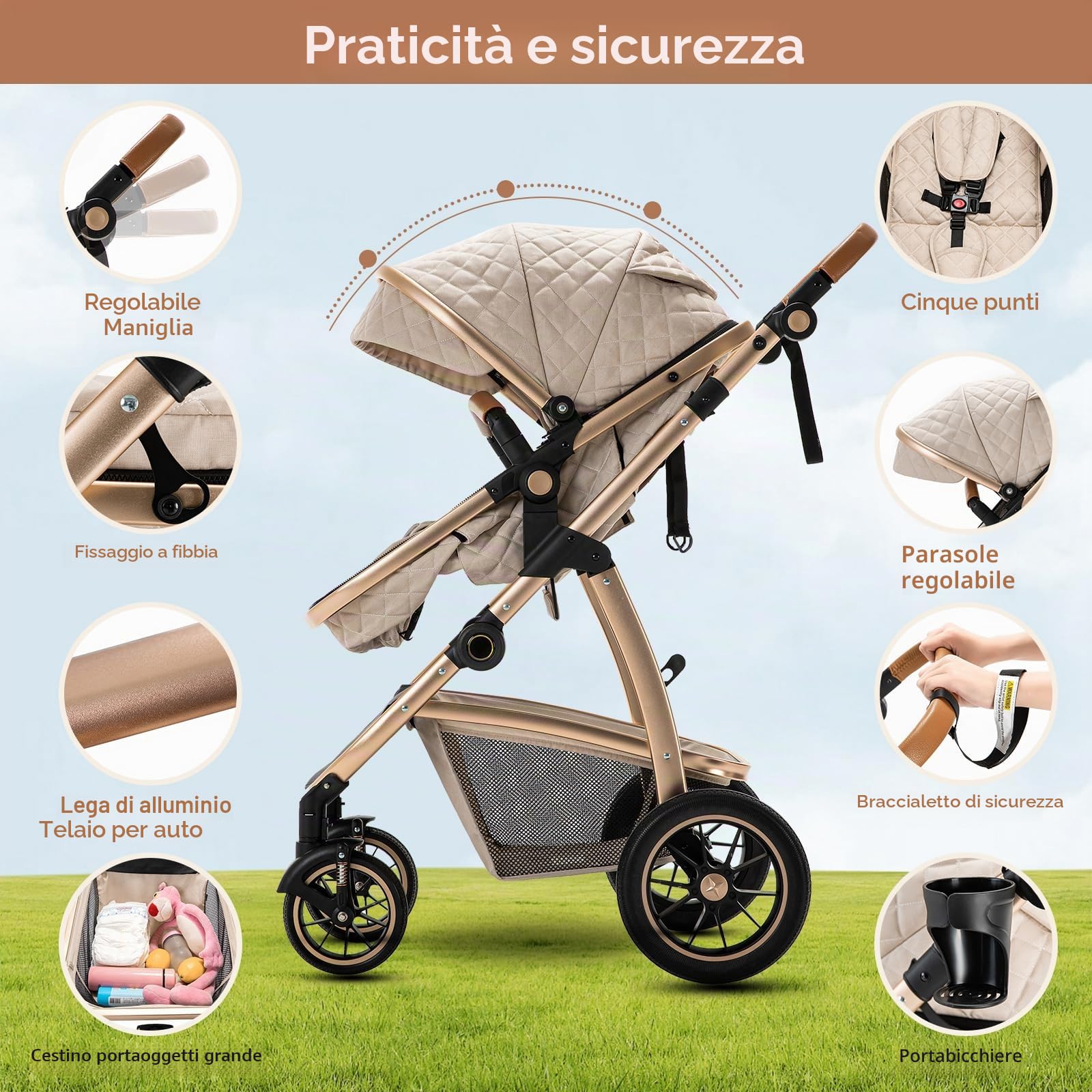 Zkiprm Passeggino 3 in 1, Sistema di Viaggio con Seggiolino Auto, Carrozzina e navicella, Braccioli regolabili, Parapioggia, Zanzariera, Telaio in alluminio, Passeggino urbano per bambini 0-4 anni