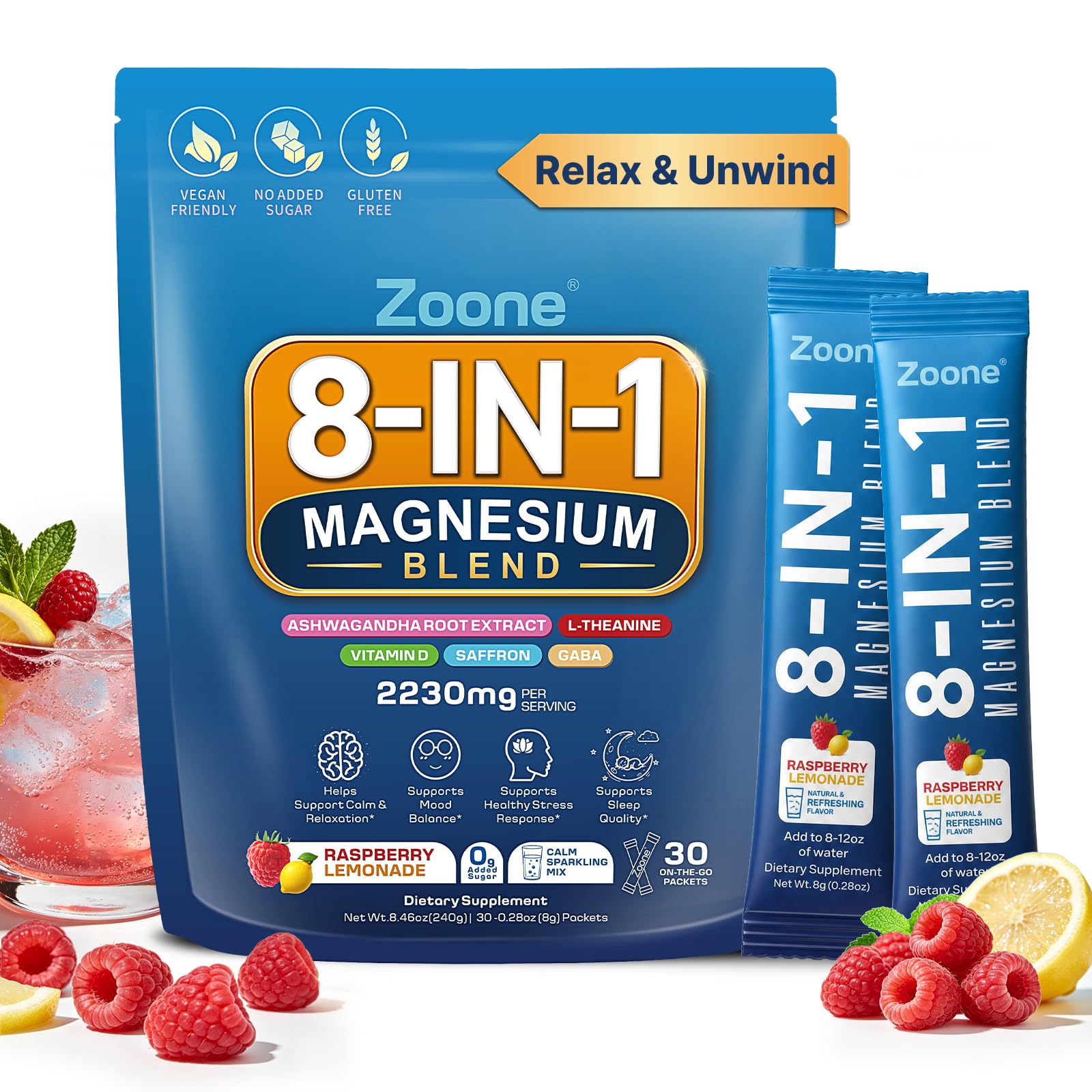 Magnesium Glycinate Powder for Sleep, 1500mg 8-in-1, 30 Sticks