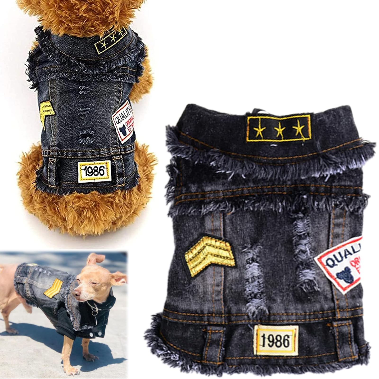 Joyzzz Jean Jacket for Dogs, Pet Vests, Denim Hoodies, Puppy T-Shirt, Machine Washable Clothes, Comfort and Cool Apparel for Small Medium Dogs (L, Black Print)