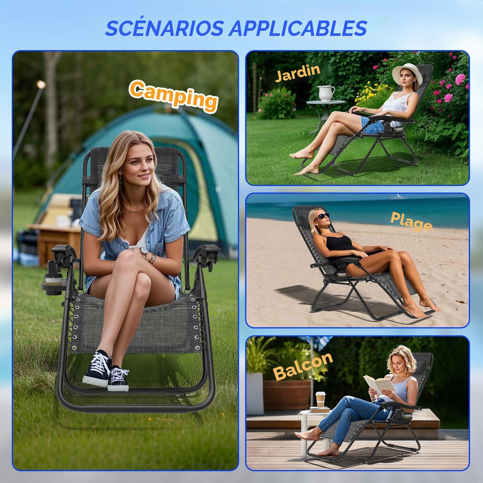 Fauteuil Relax avec Poche Latérale, Chaise Longue Pliable Extra Large en Textilène, Multiposition avec Dossier Réglable et Accoudoirs, Transat Portable Zéro Gravité pour Jardin-Plage-Camping, Noir