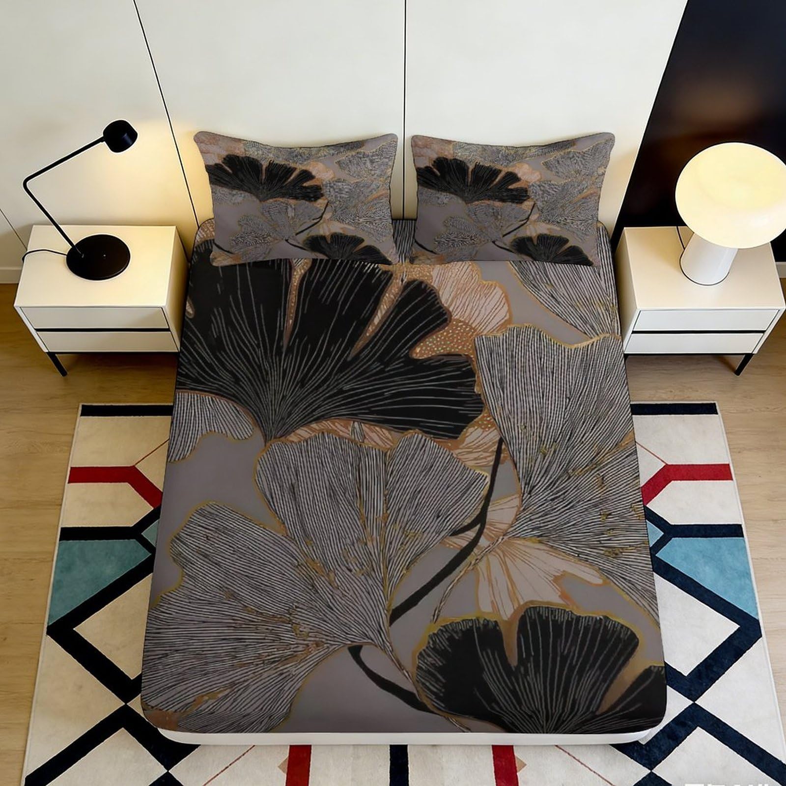 3D Printed Black Ginkgo Leaf Fitted Sheet Microfiber Soft Abstract Floral Mattress Cover for Bedroom Guest Room Decor 90x200x25cm
