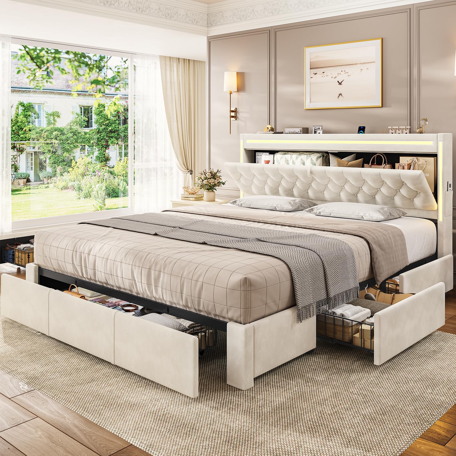 BTHFST King Upholstered LED Bed Frame with 5 Drawers, Velvet Hidden Storage Headboard with Charging Station, Button Tufted Headboard and Heavy Duty