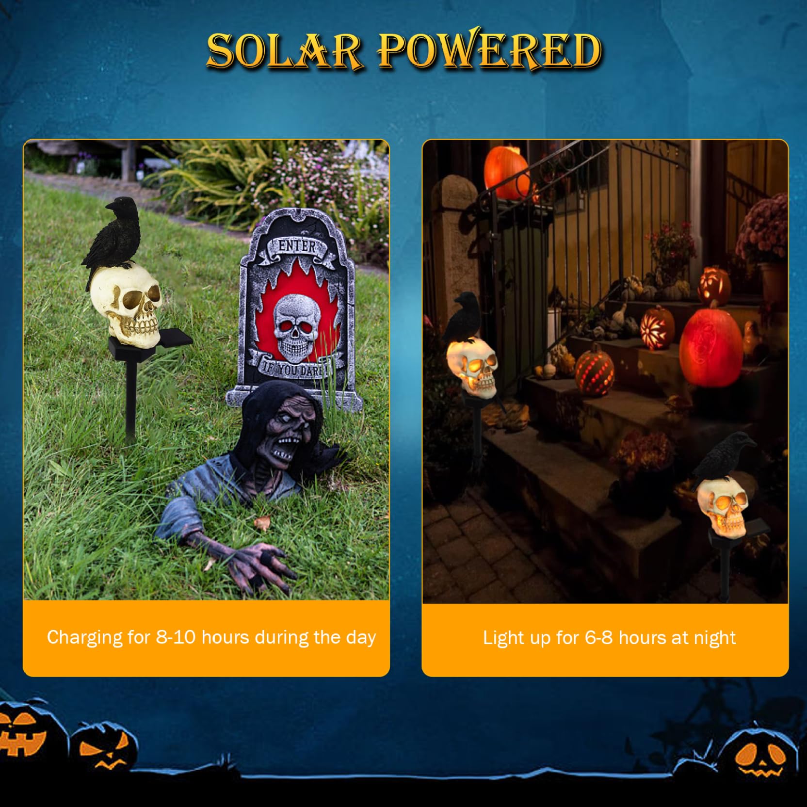 Luces solares de Halloween para exteriores, juego de 2 luces solares de cuervo en calavera, luces solares de Halloween con estaca, impermeables, luz LED blanca cálida, decoraciones de