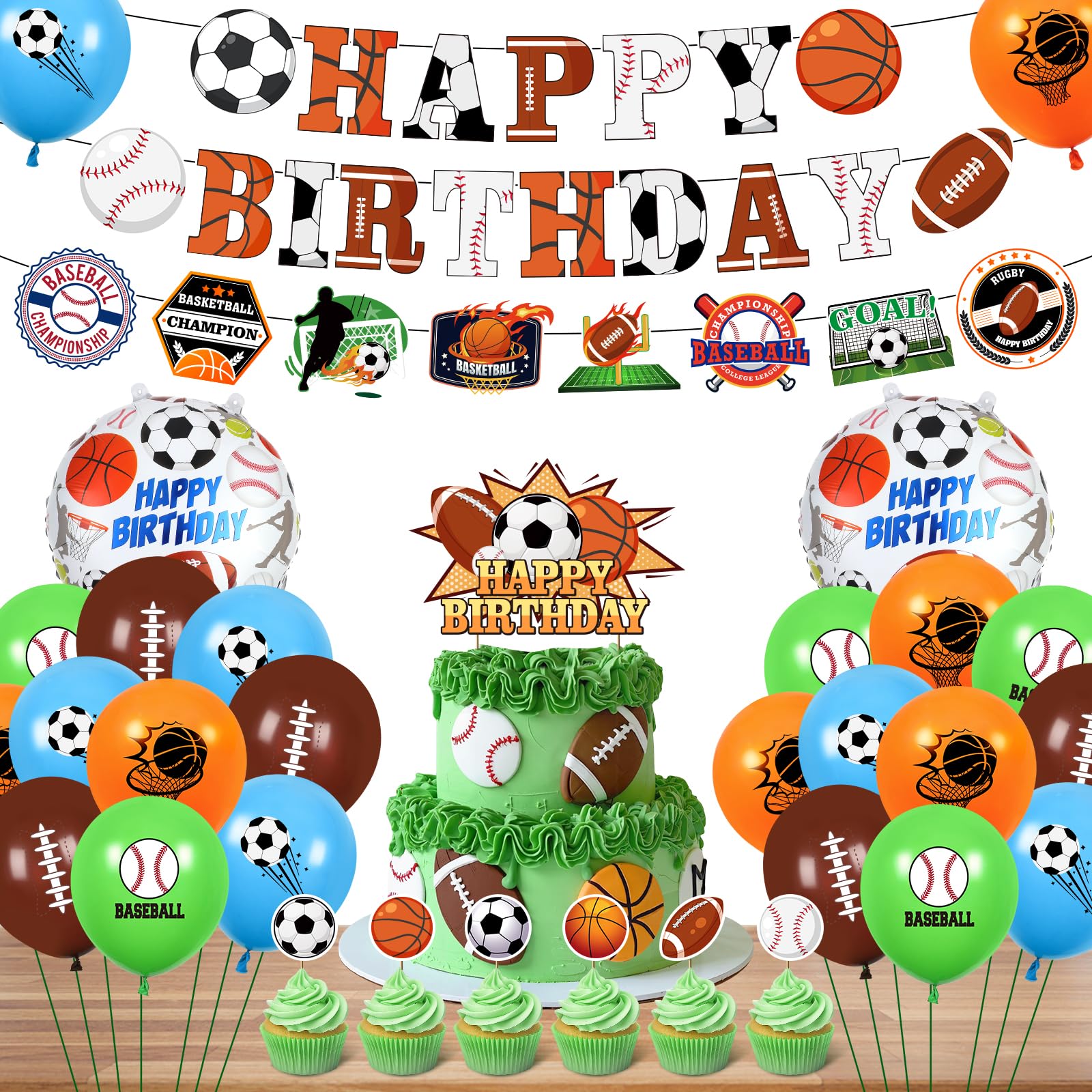 Sports Birthday Party Decorations Sports Theme Birthday Banner Baseball Soccer Football Basketball Balloons Cake Topper Cupcake Toppers for Boys Girls
