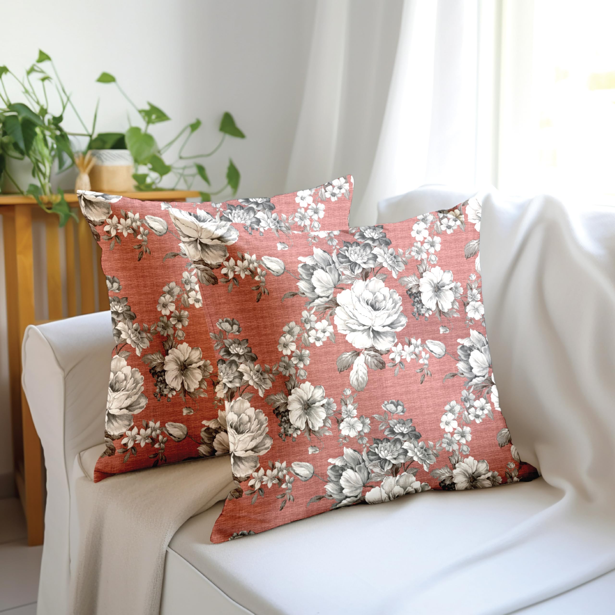 Encasa XO Decorative Throw Pillow Covers 16x16 in - Polyester Floral Digital Print F4 English Rose, 40 x 40 cm (Pack of 2)