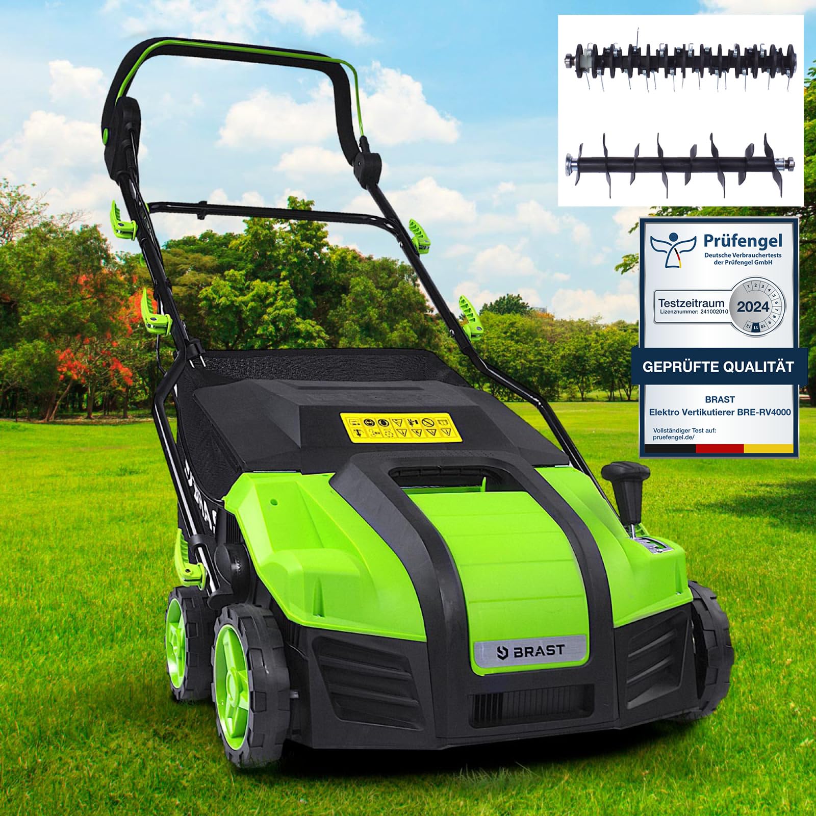 BRAST Vertikutierer Elektro Rasenlüfter | 1500-2000 Watt | 32-40cm Arbeitsbreite | 3 Modelle | großer Fangkorb Transportgriff & Klappbar | für kleine bis sehr große Rasenflächen | BRE-RV-4000