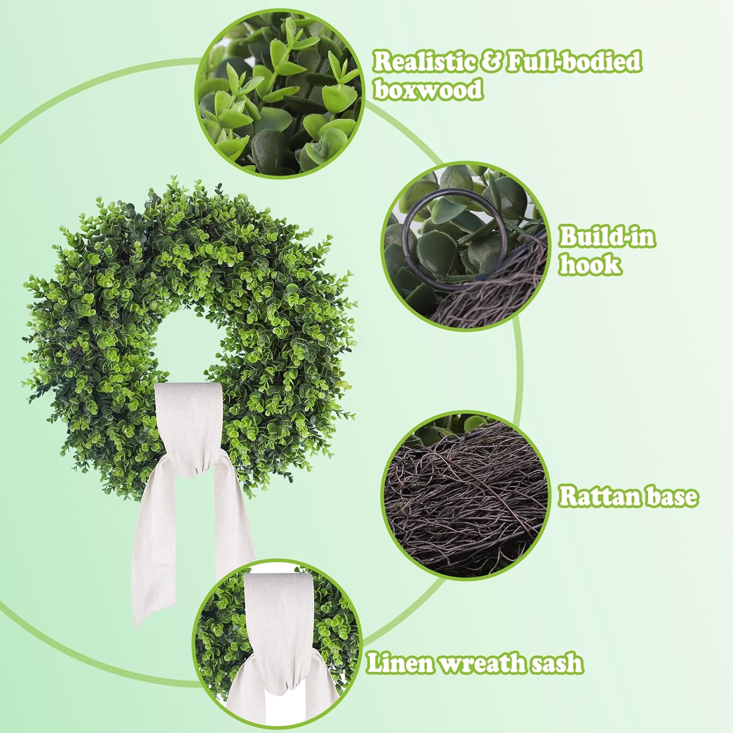 24'' Boxwood Wreath with Linen Sash for Front Door - Large Artificial Greenery Outdoor Wreath for Porch, Window, Farmhouse, Home, Hanging Decor- Spring, Summer, All Seasons