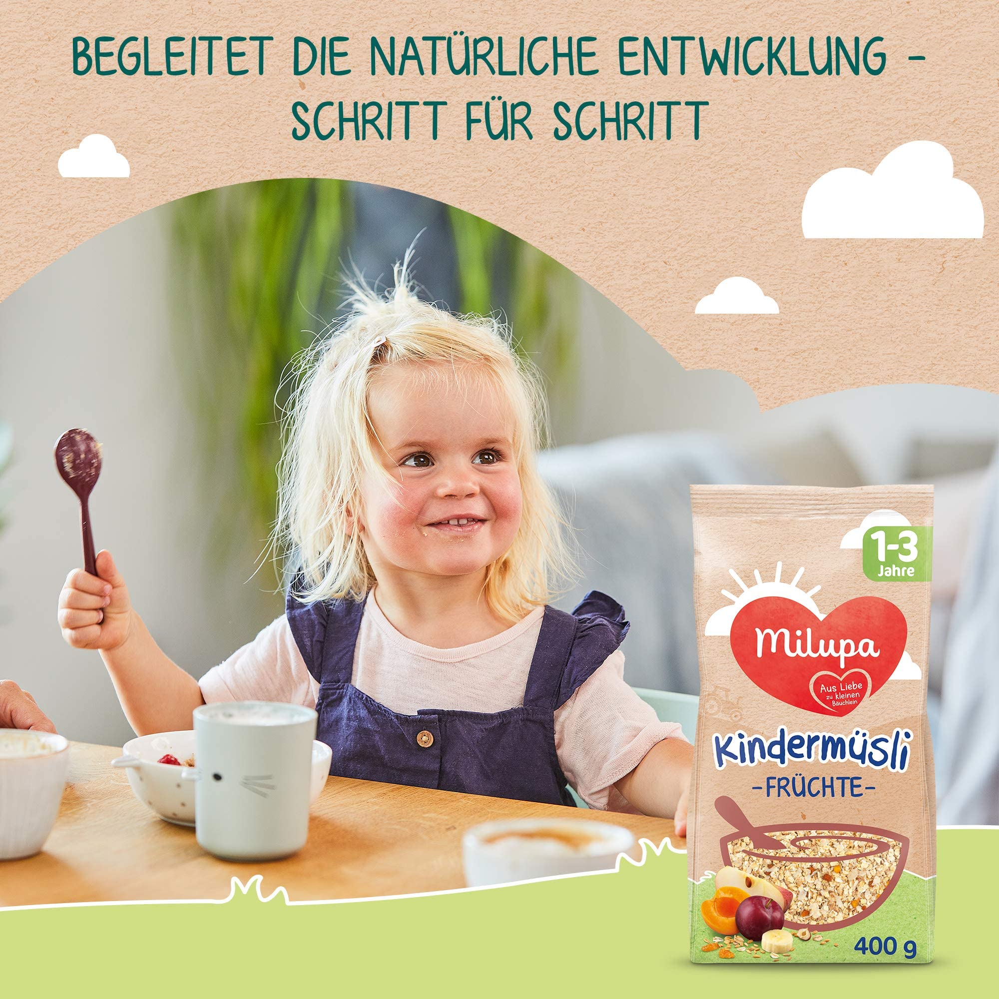 Milupa Kindermüsli Feine Früchte – Getreide Frühstück Müsli von 1 bis 3 Jahre, Ohne Zuckerzusatz, Babynahrung, 4 x 400g