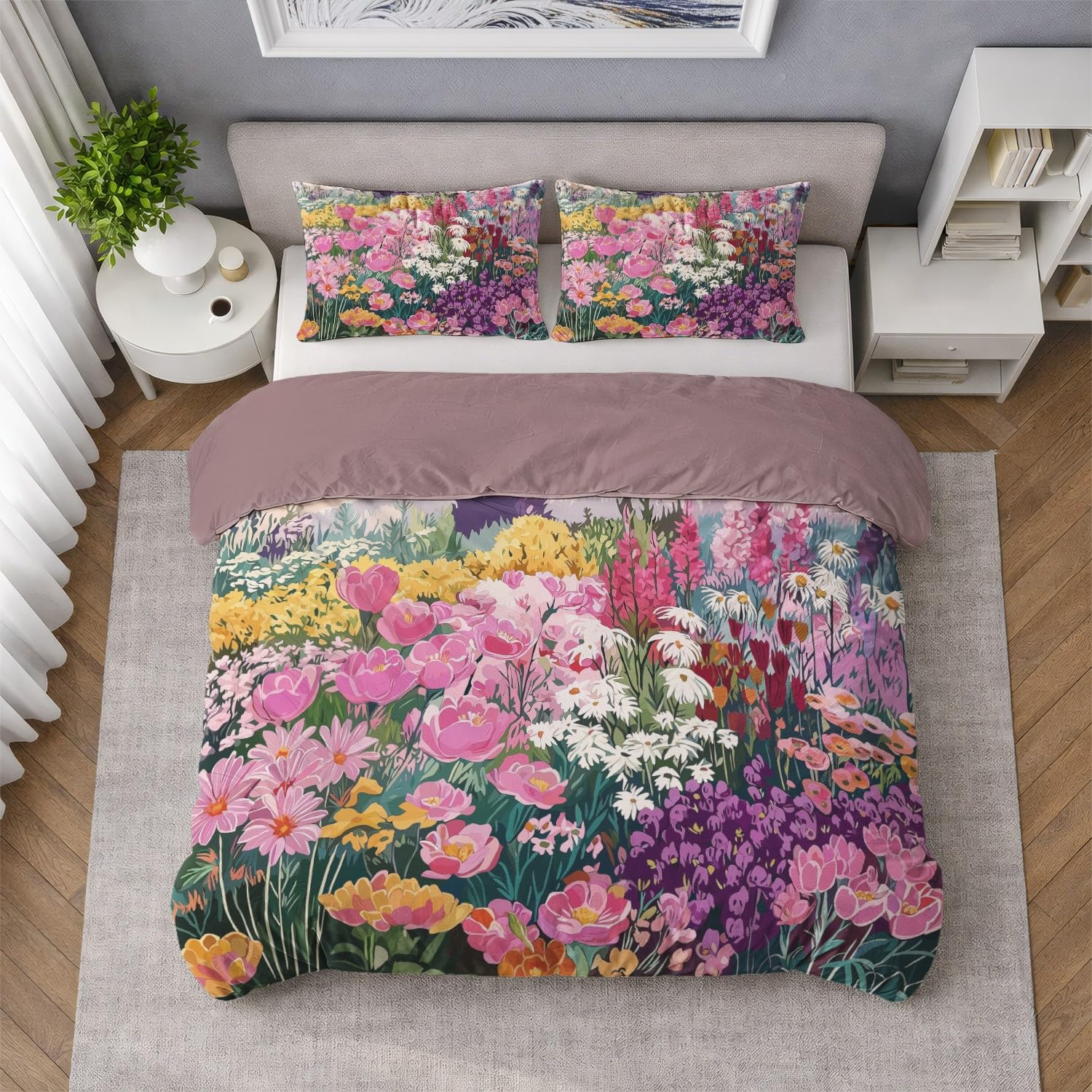 Pościel 155 x 220 cm, poszewka na kołdrę, zestaw 2 szt., różowa poszewka na kołdrę z poszewkami na poduszki i vintage, romantyczny wzór kwiatowy z zamkiem błyskawicznym, odprowadzanie wilgoci