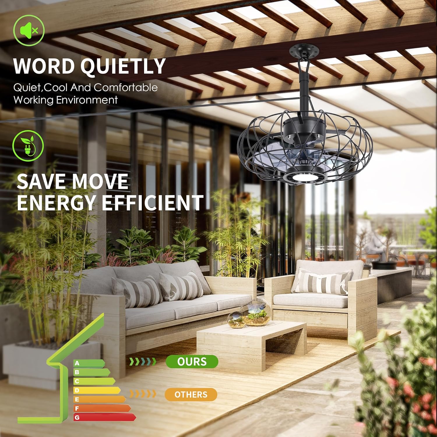 Outdoor Gazebo Fan with Hanging Hook, 15'' Waterproof Outdoor Ceiling Fan with Lights and Remote, 3CCT Dimmable 6-Speeds Reversible Quiet Plug in Caged Ceiling Fan for Patio Porch Pergola Canopy,Black