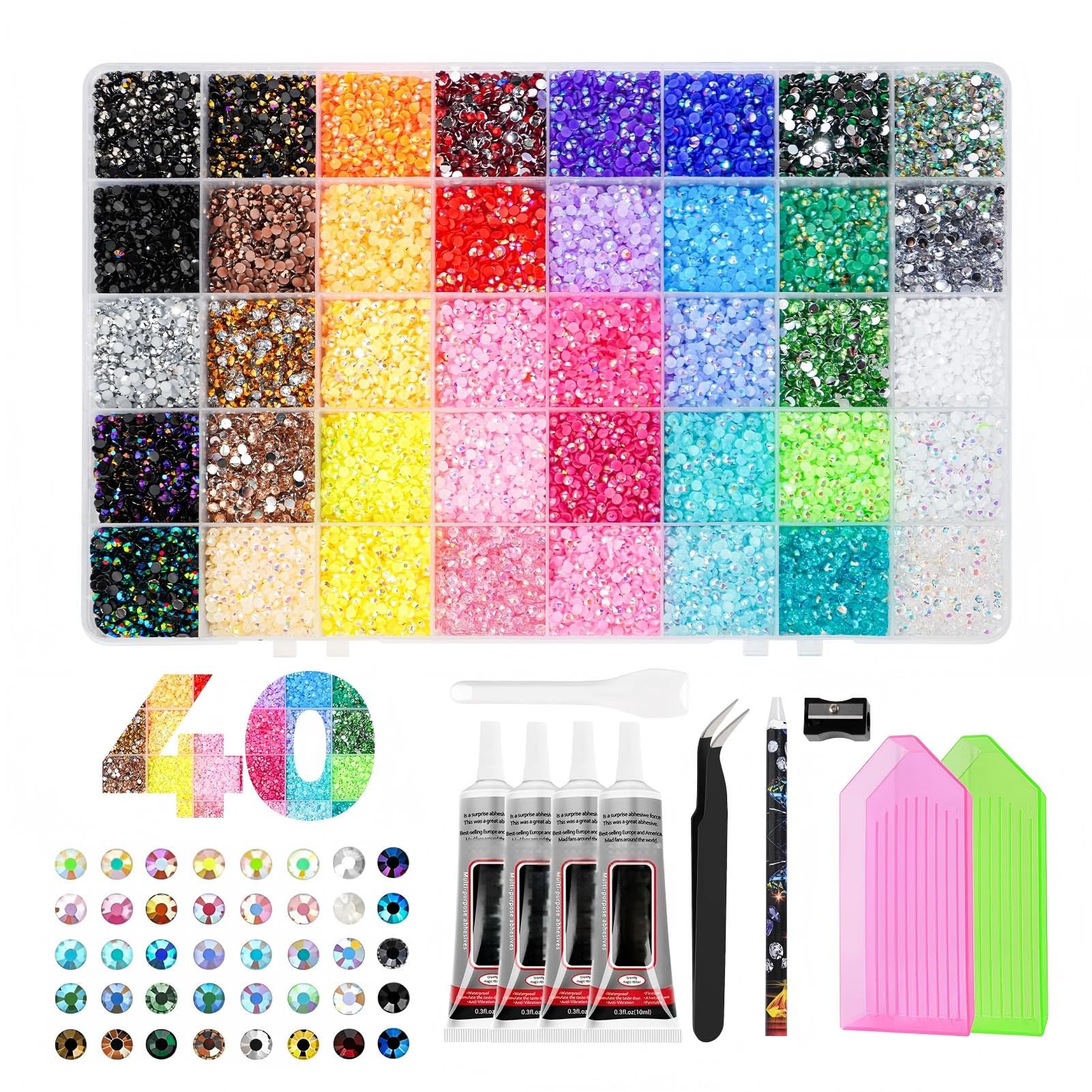 Winwj 40 Colors 40000pcs Bedazzling Kit with Glue and Pen, 3mm Nail Art Rhinestones, Flatback Gems with Tweezers & Pen, Nail Art Crystals for DIY Crafts, Phone Cases, Clothes