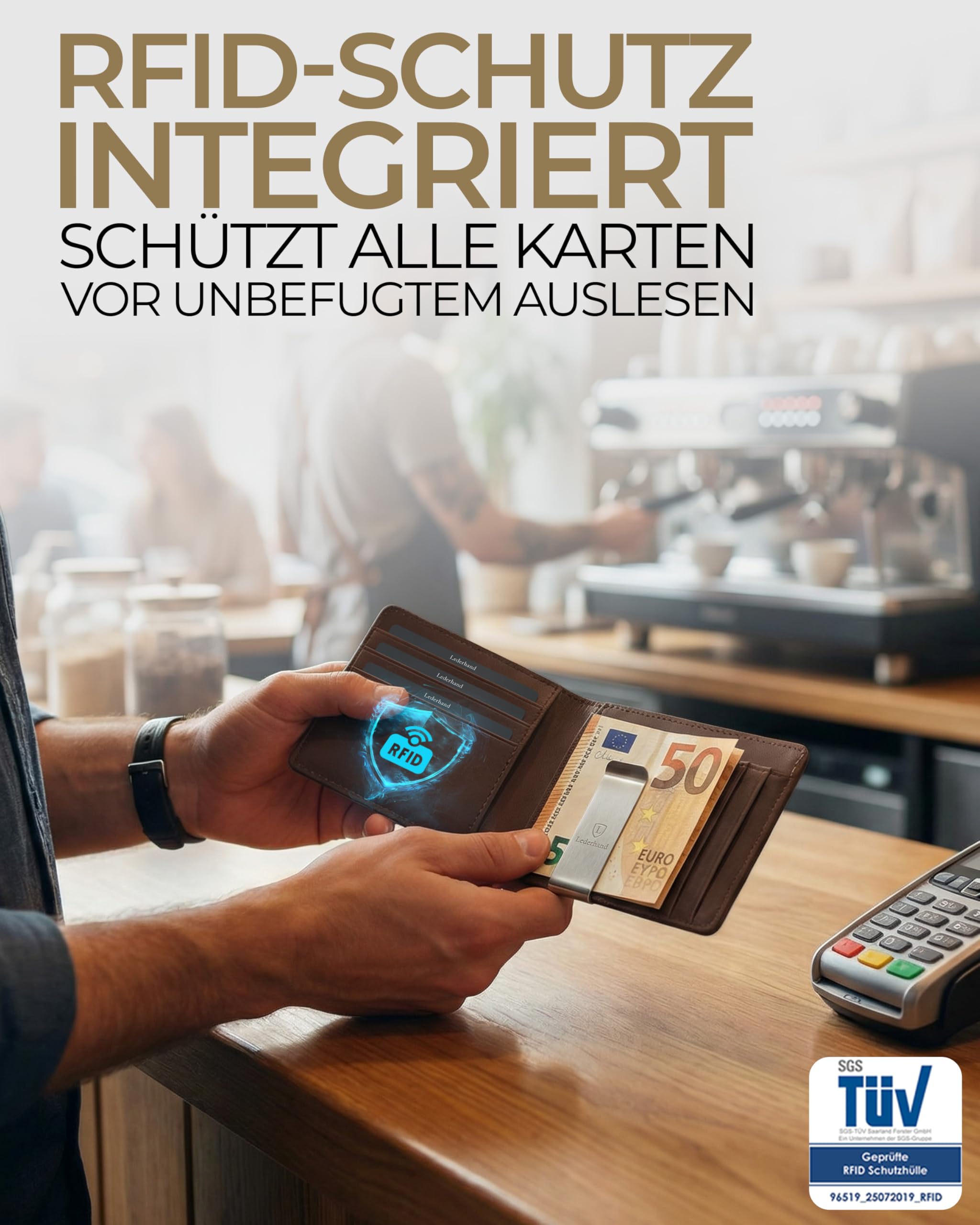 LEDERHAND iSlim - Nappa Leder Geldbeutel mit Geldklammer OHNE Münzfach, 9 Kartenfach Premium Geldbörse RFID NFC - Schutz Slim - Wallet Echtleder Geschenk |(Schwarz/Schwarz)