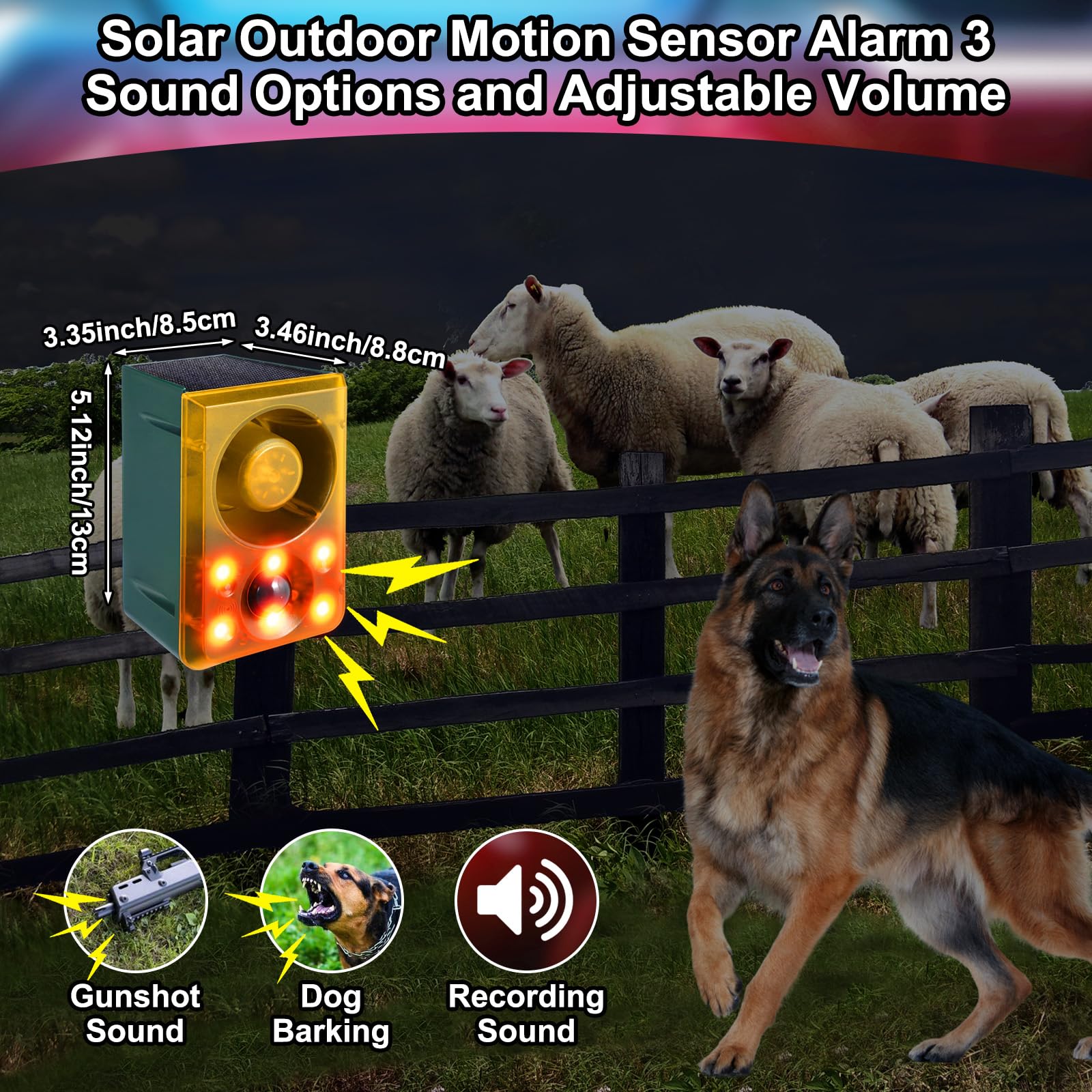 Qualirey Allarme solare per esterni con sensore di movimento con picchetto, spari e suoni che abbaiano del cane, 3 modalità di supporto per la registrazione e il volume regolabile, ricarica USB, 129